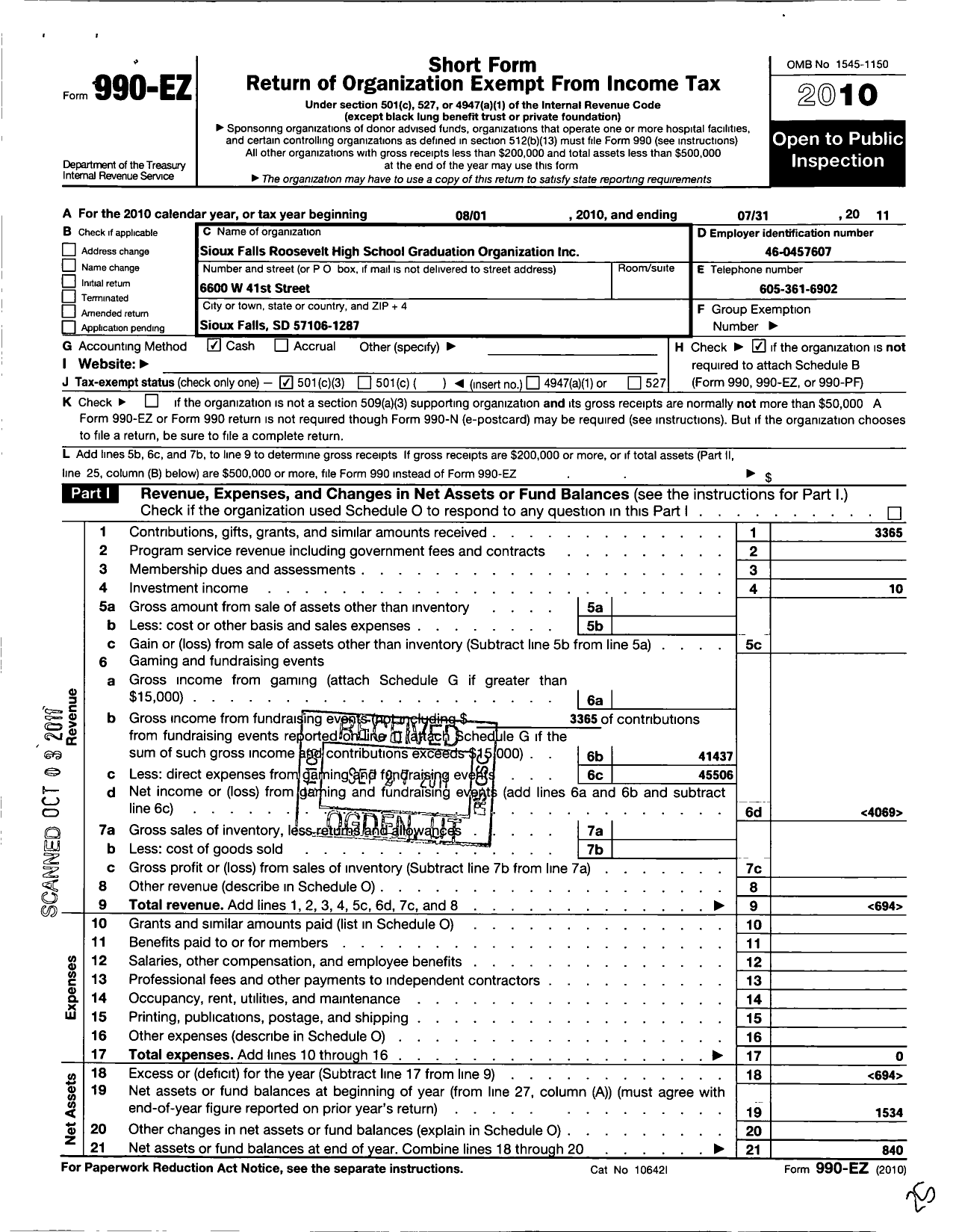 Image of first page of 2010 Form 990EZ for Sioux Falls Roosevelt High School Graduation Org