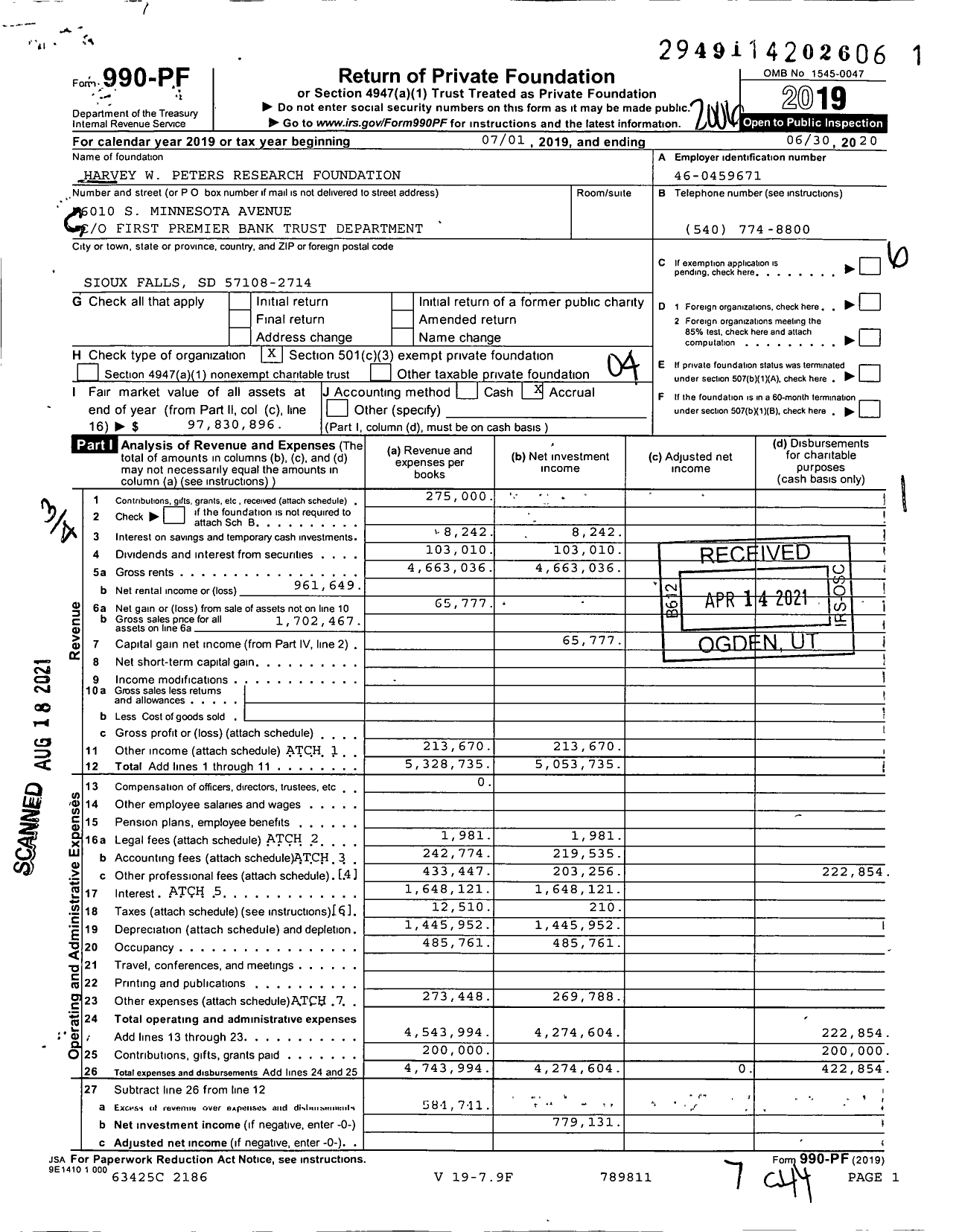 Image of first page of 2019 Form 990PF for Harvey W Peters Research Foundation C / O First Premier Bank Trust Dept