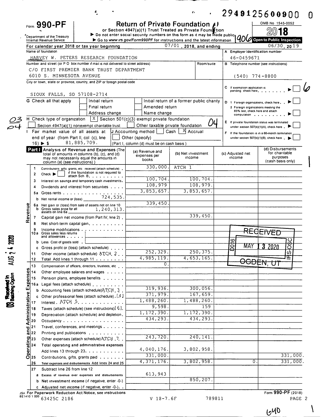 Image of first page of 2018 Form 990PR for Harvey W Peters Research Foundation C / O First Premier Bank Trust Dept