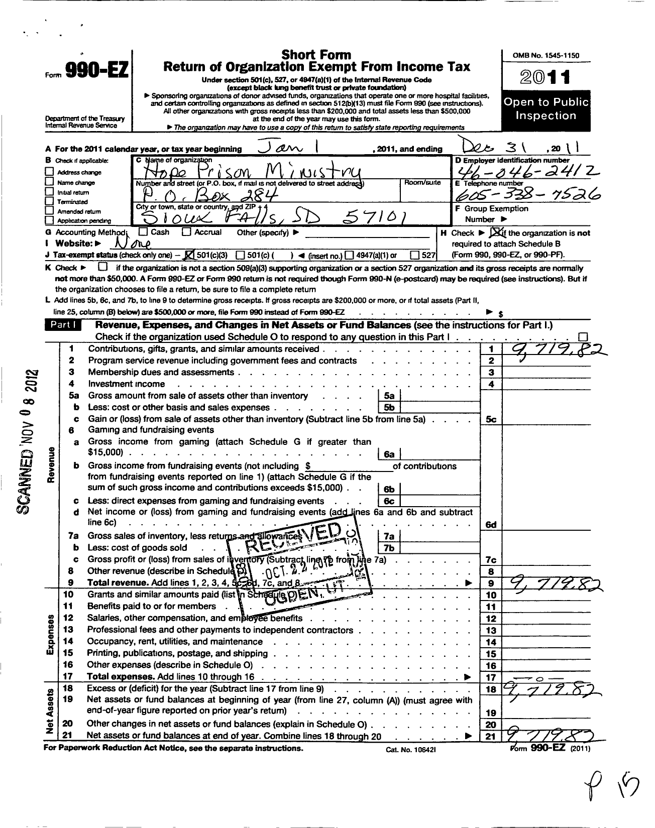 Image of first page of 2011 Form 990EZ for Hope Prison Ministery