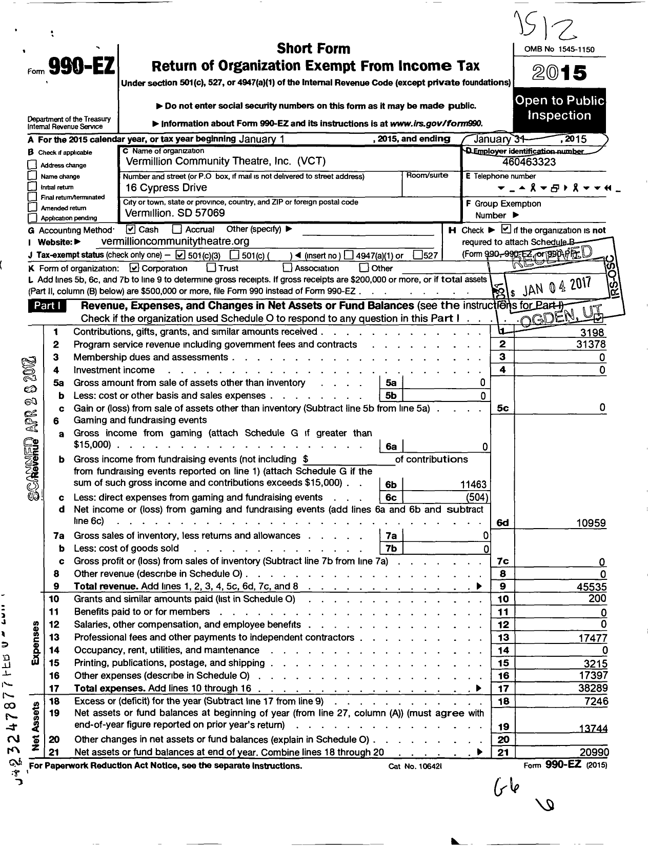 Image of first page of 2015 Form 990EZ for Vermillion Community Theatre