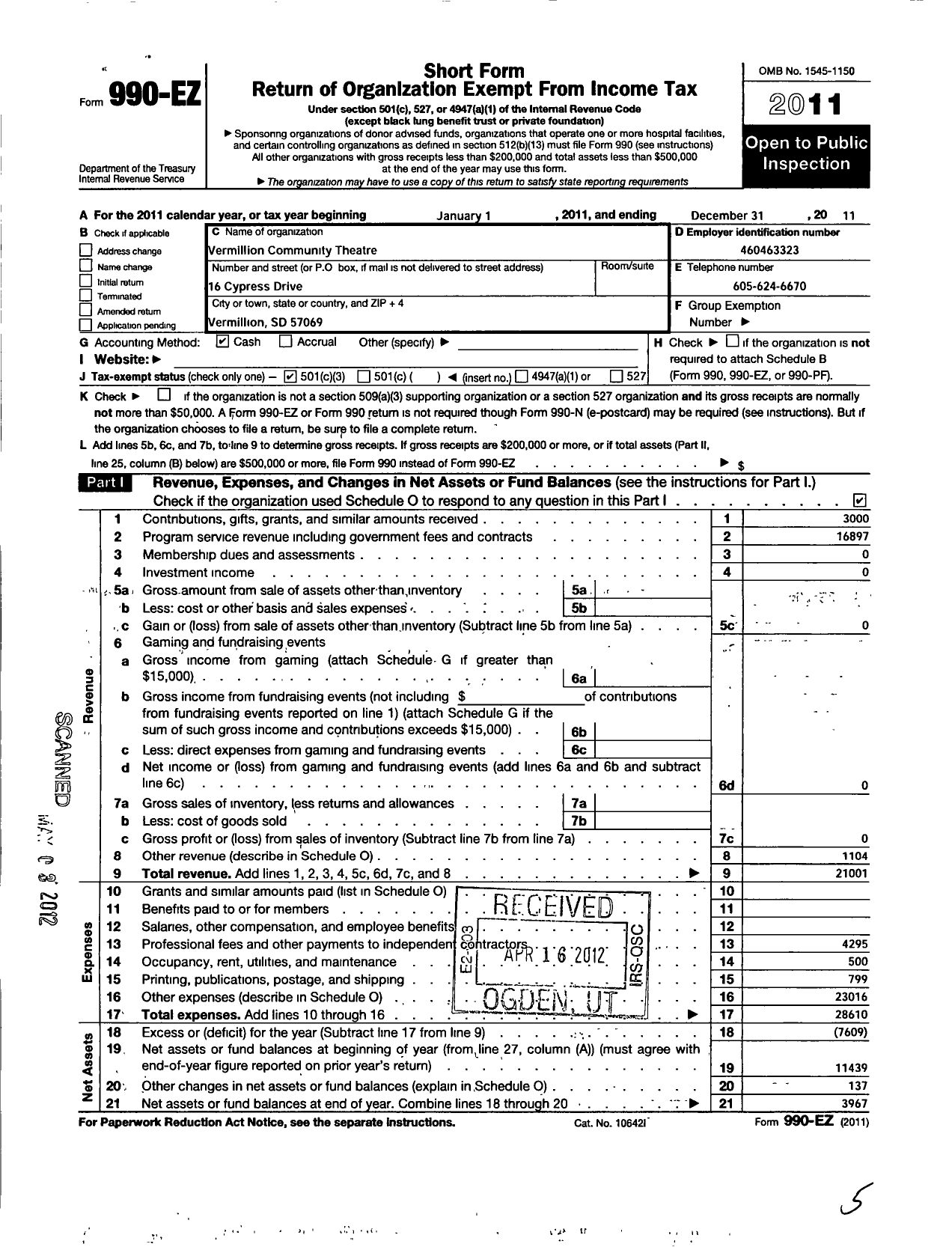 Image of first page of 2011 Form 990EZ for Vermillion Community Theatre