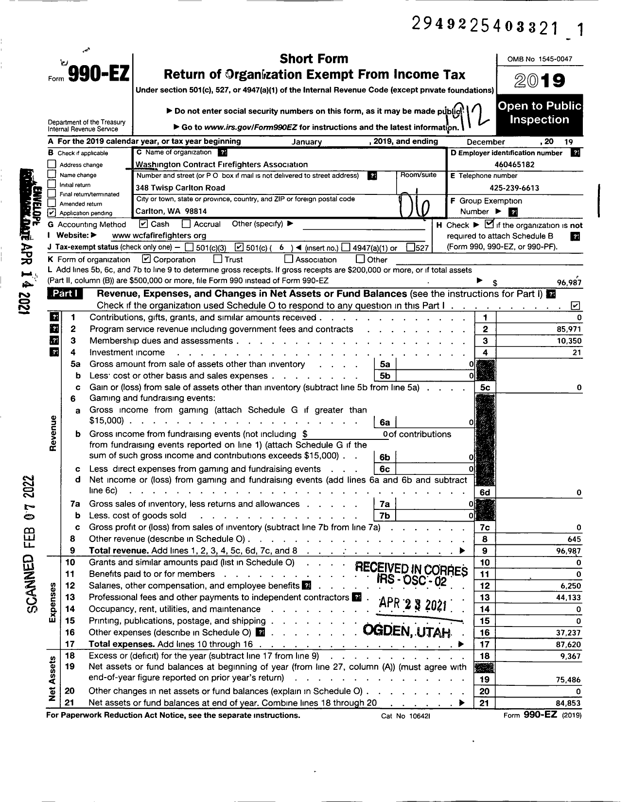 Image of first page of 2019 Form 990EO for Washington Contract Firefighters Association