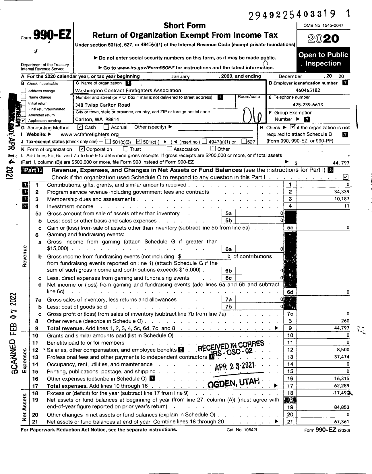 Image of first page of 2020 Form 990EO for Washington Contract Firefighters Association