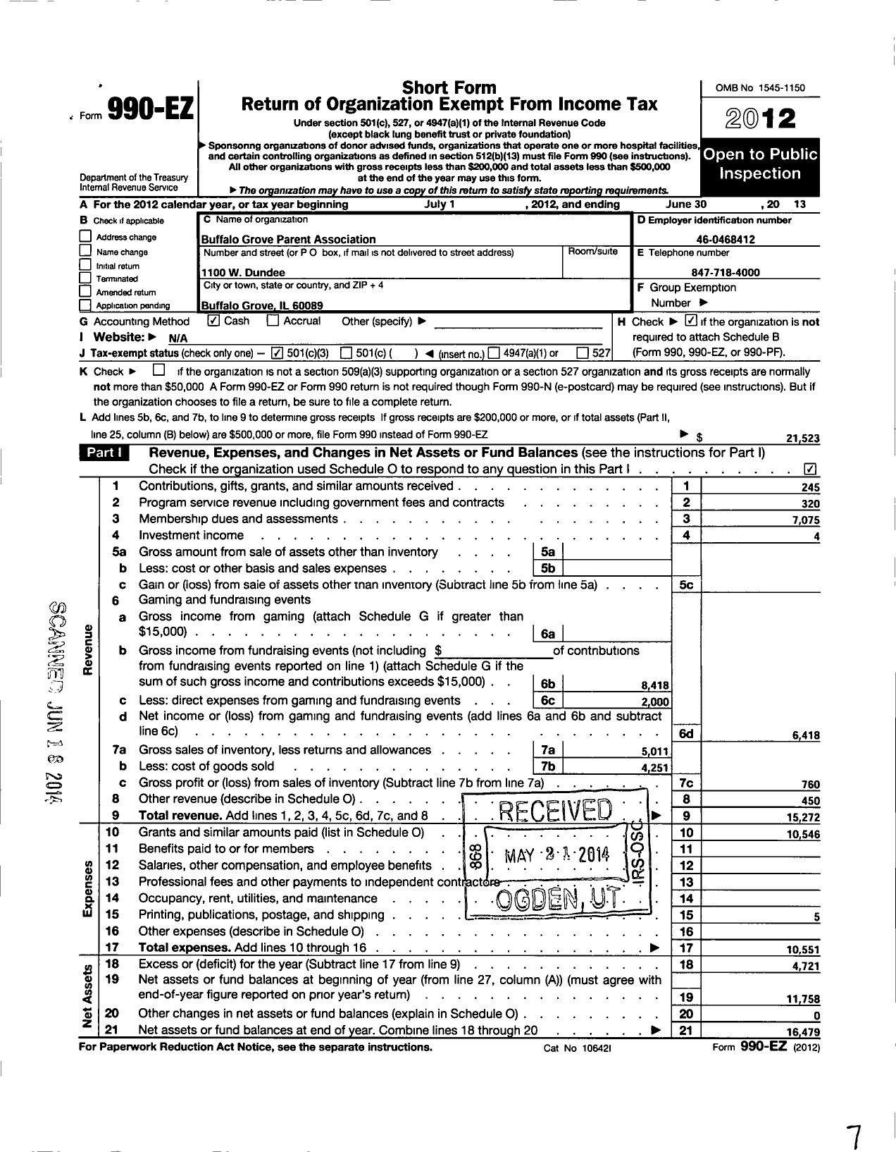 Image of first page of 2012 Form 990EZ for Buffalo Grove Parent Association