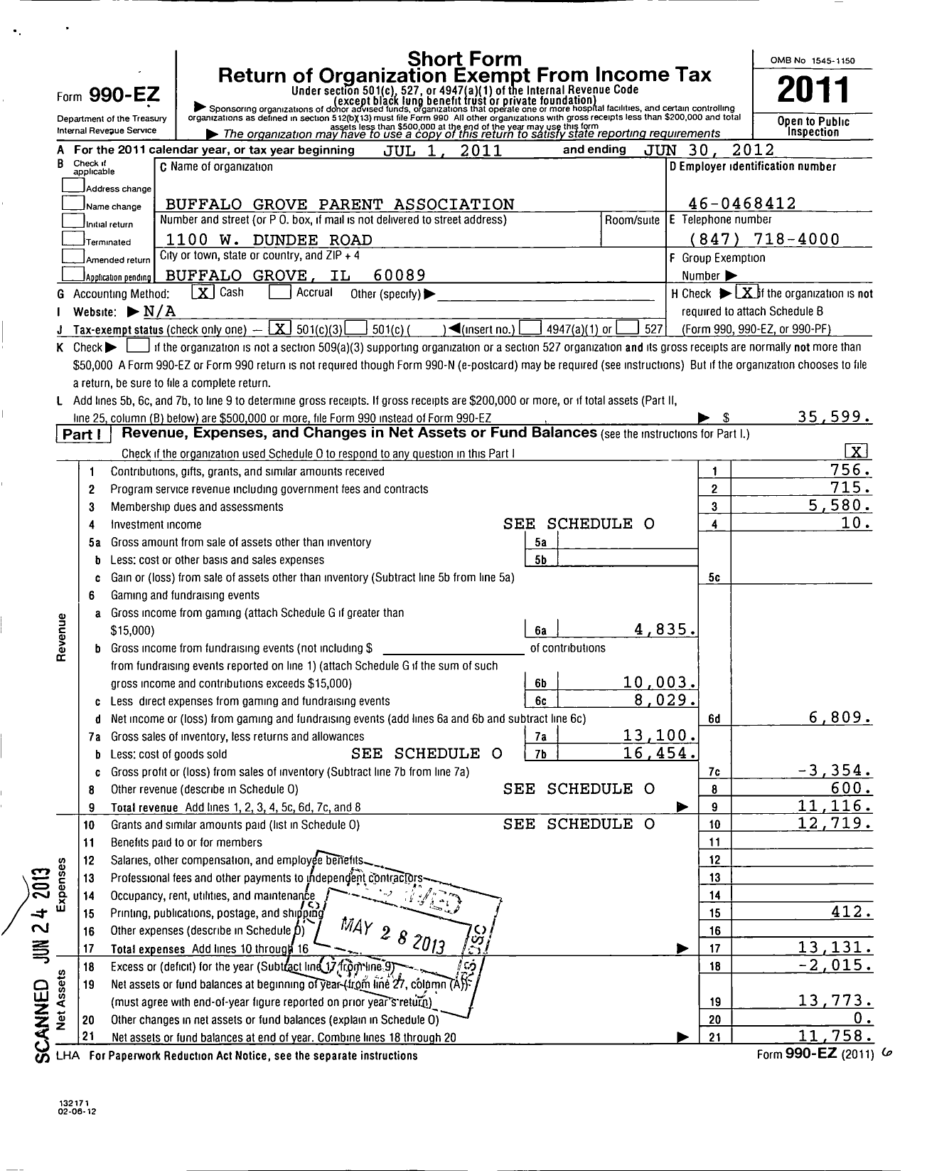 Image of first page of 2011 Form 990EZ for Buffalo Grove Parent Association