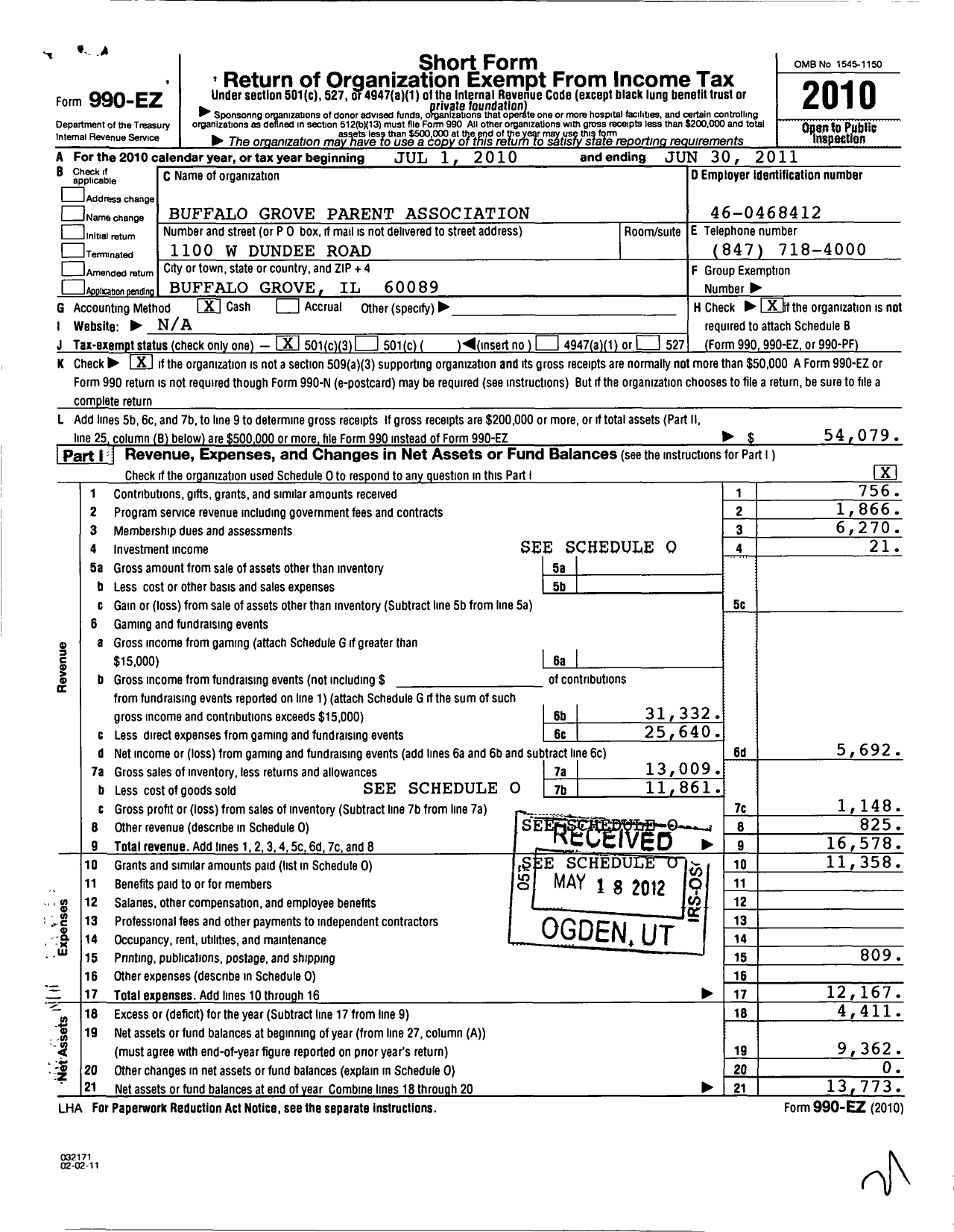 Image of first page of 2010 Form 990EZ for Buffalo Grove Parent Association