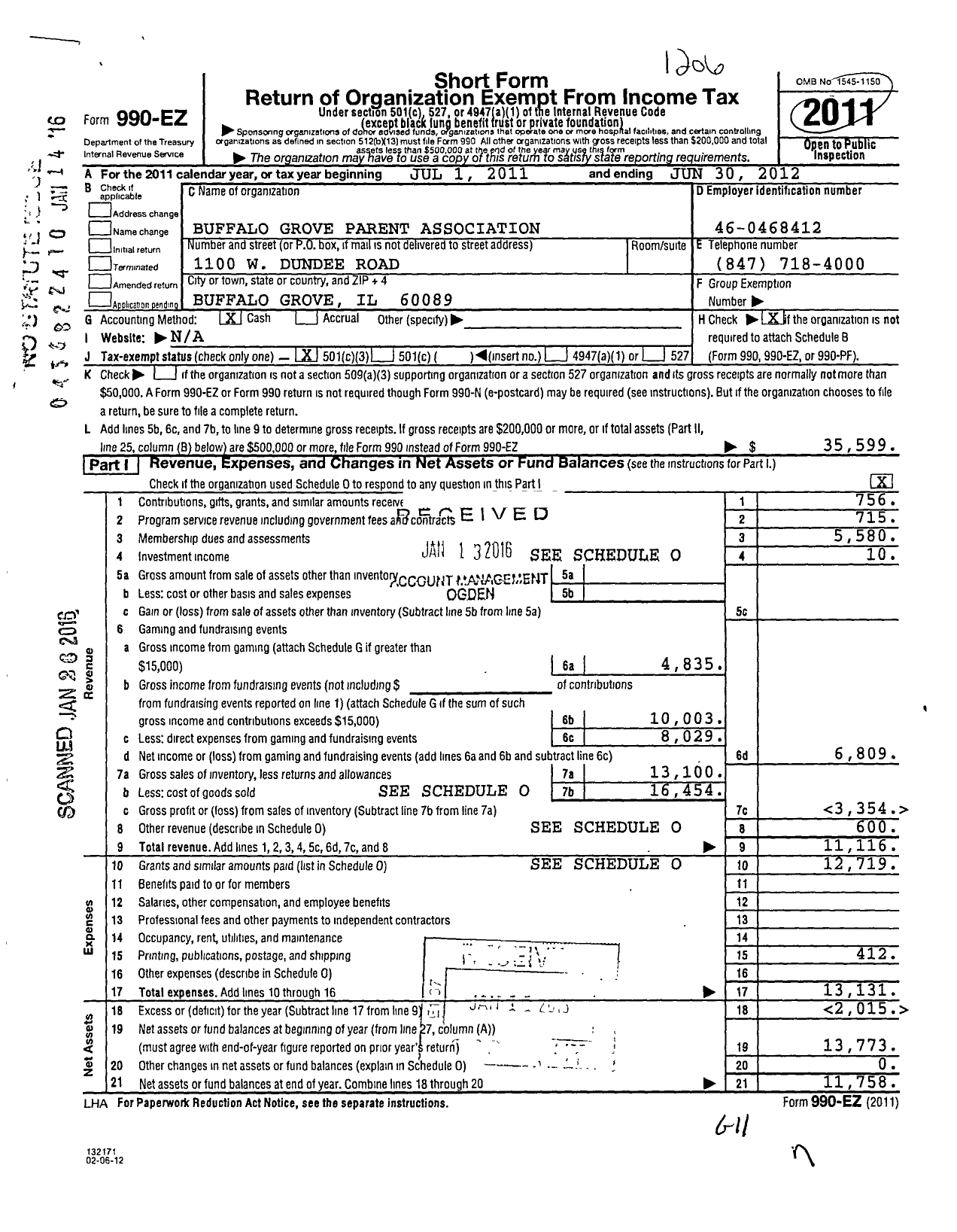 Image of first page of 2011 Form 990EZ for Buffalo Grove Parent Association