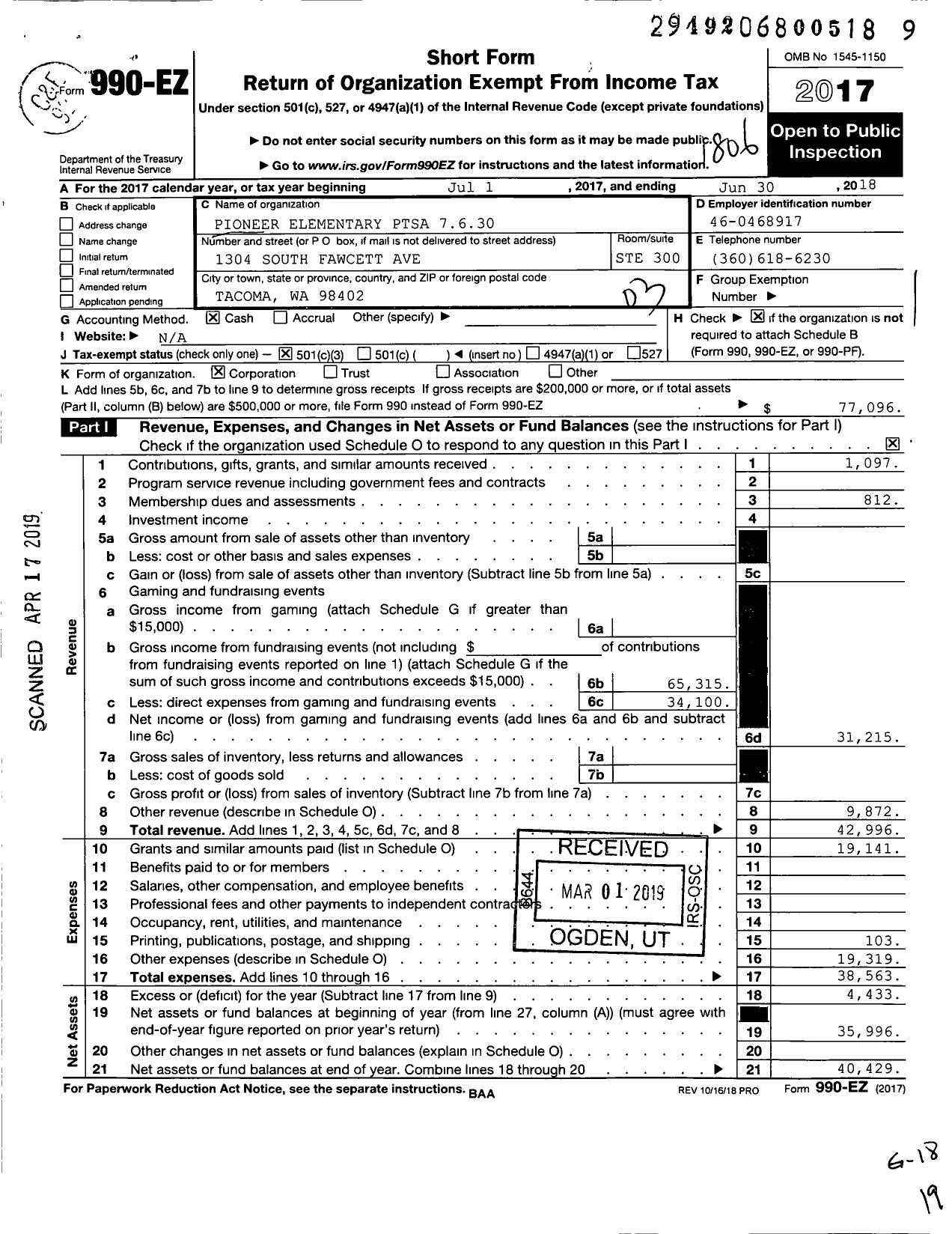 Image of first page of 2017 Form 990EZ for Pioneer Elementary Ptsa 7130