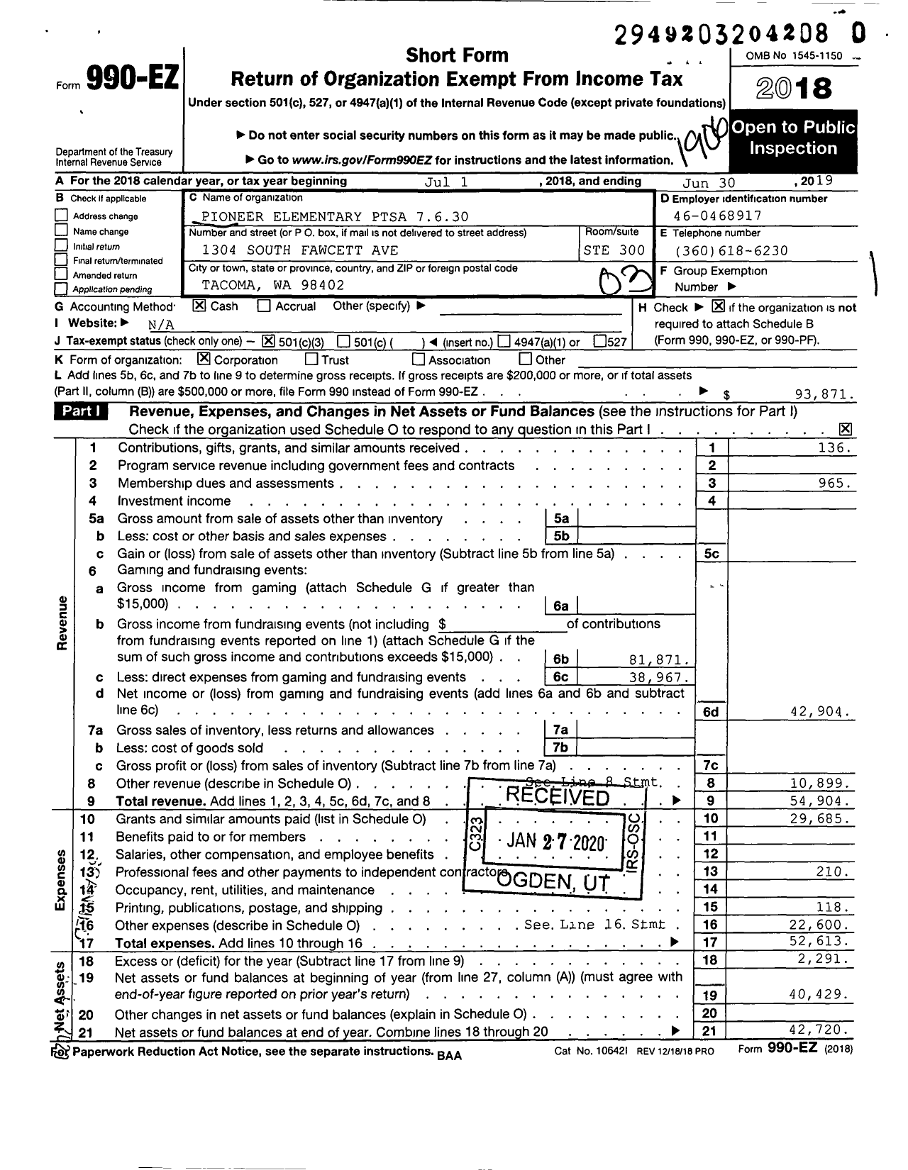 Image of first page of 2018 Form 990EZ for Pioneer Elementary Ptsa 7130