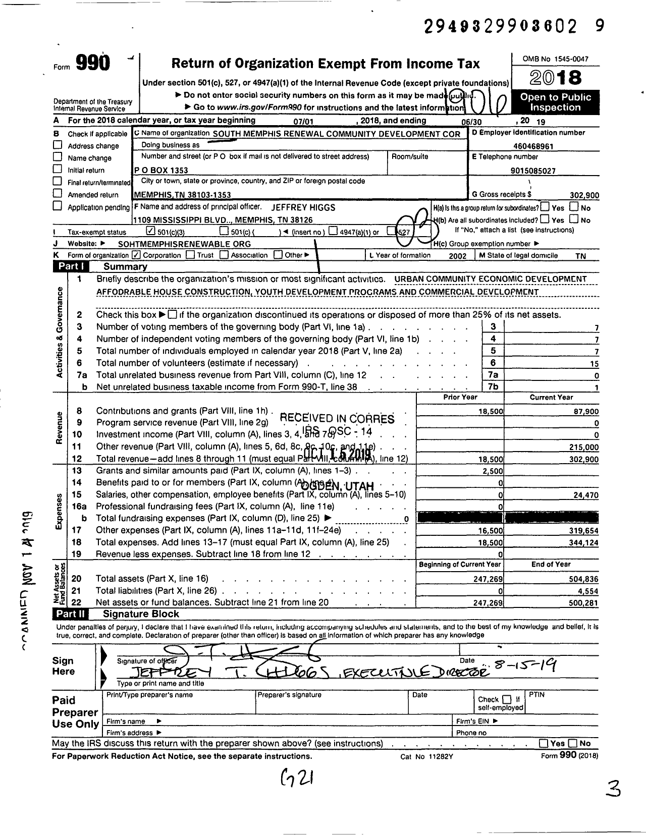 Image of first page of 2018 Form 990 for South Memphis Renewal Community Development Corporation