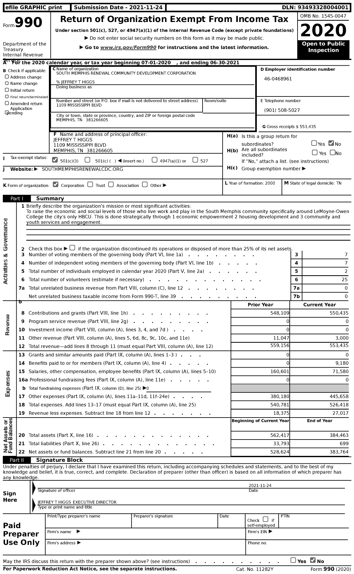 Image of first page of 2020 Form 990 for South Memphis Renewal Community Development Corporation