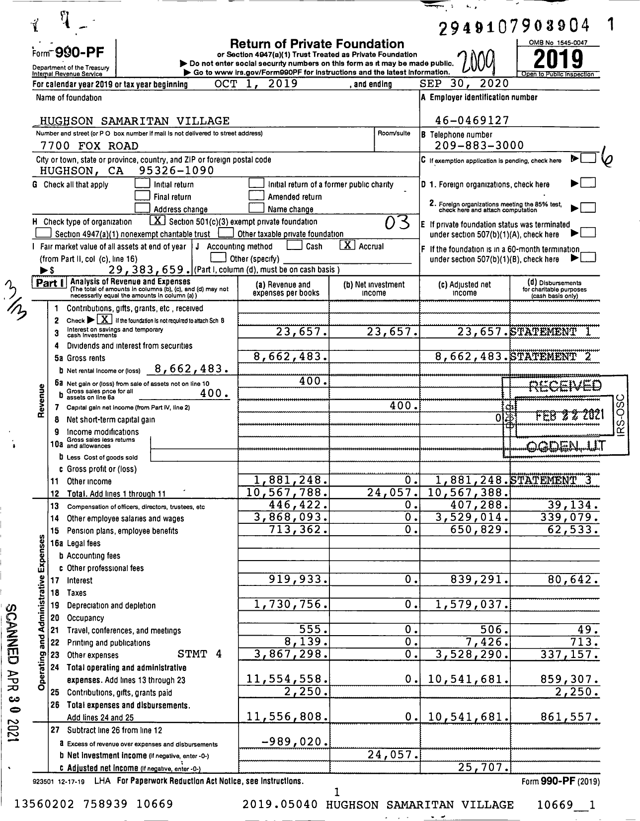 Image of first page of 2019 Form 990PF for Hughson Samaritan Village