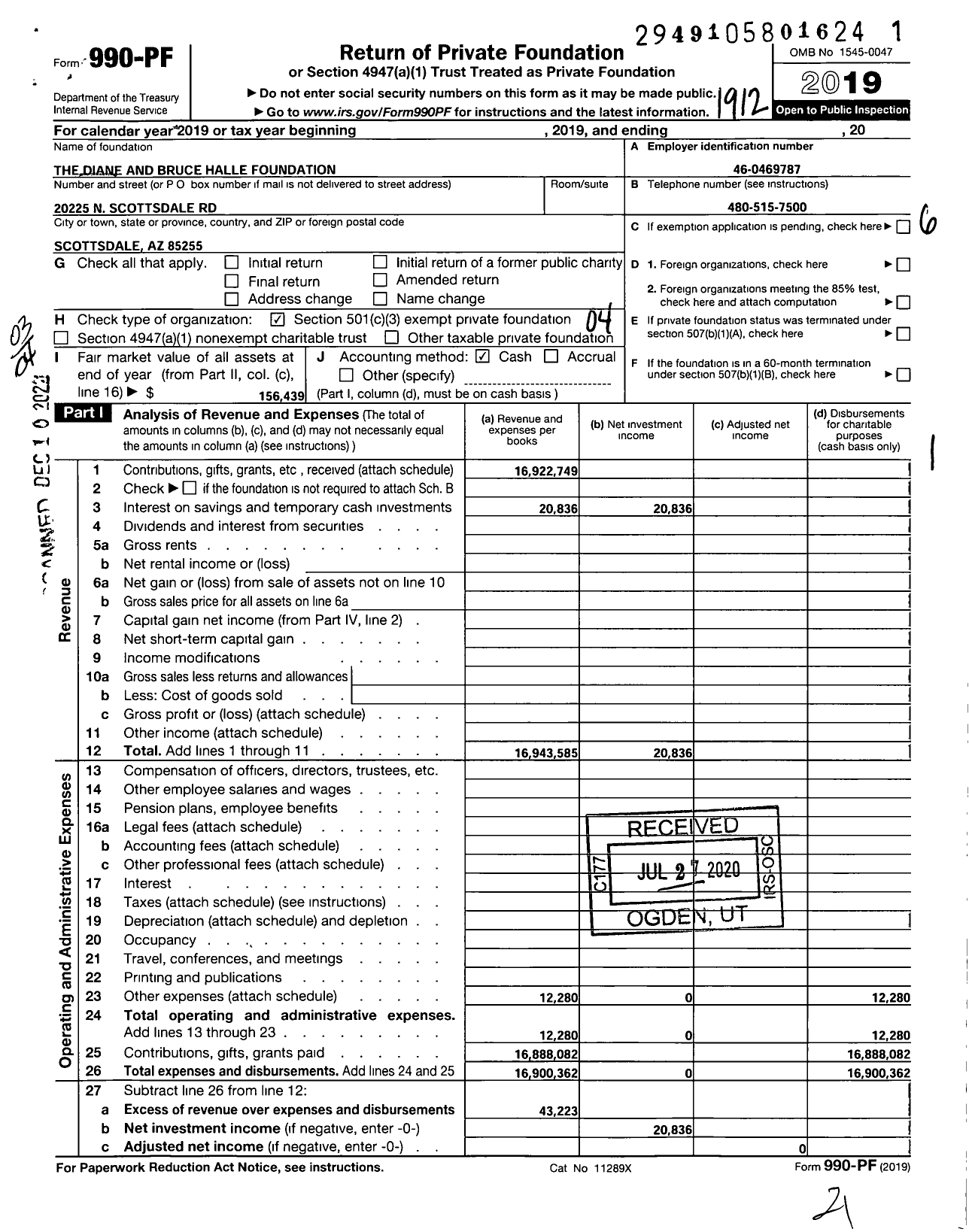 Image of first page of 2019 Form 990PF for Diane and Bruce Halle Foundation