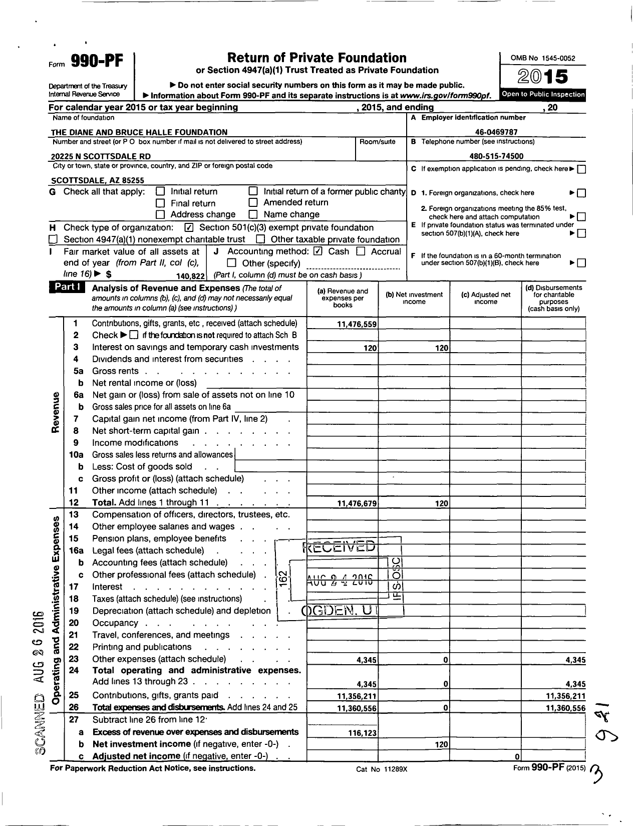 Image of first page of 2015 Form 990PF for Diane and Bruce Halle Foundation
