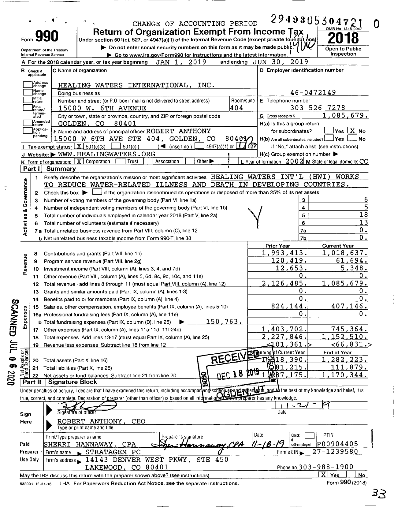 Image of first page of 2018 Form 990 for Healing Waters International