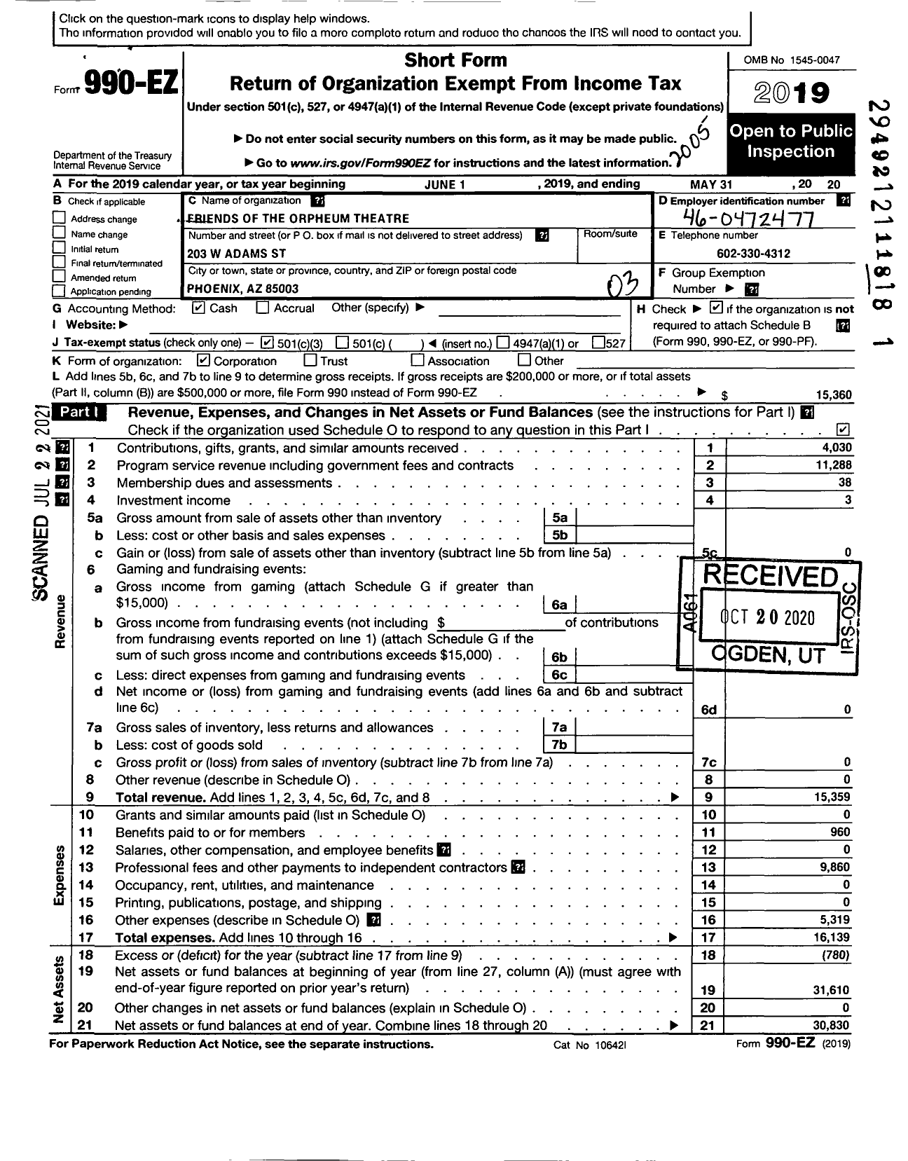 Image of first page of 2019 Form 990EZ for Friends of the Orpheum Theatre