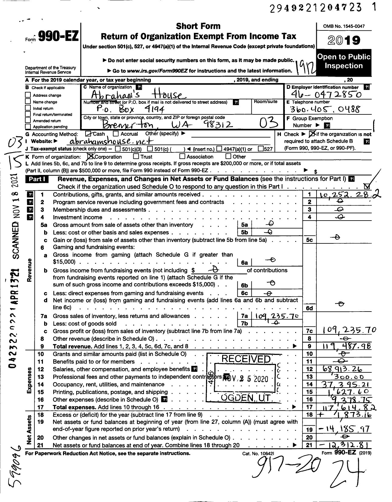 Image of first page of 2019 Form 990EZ for Abrahams House