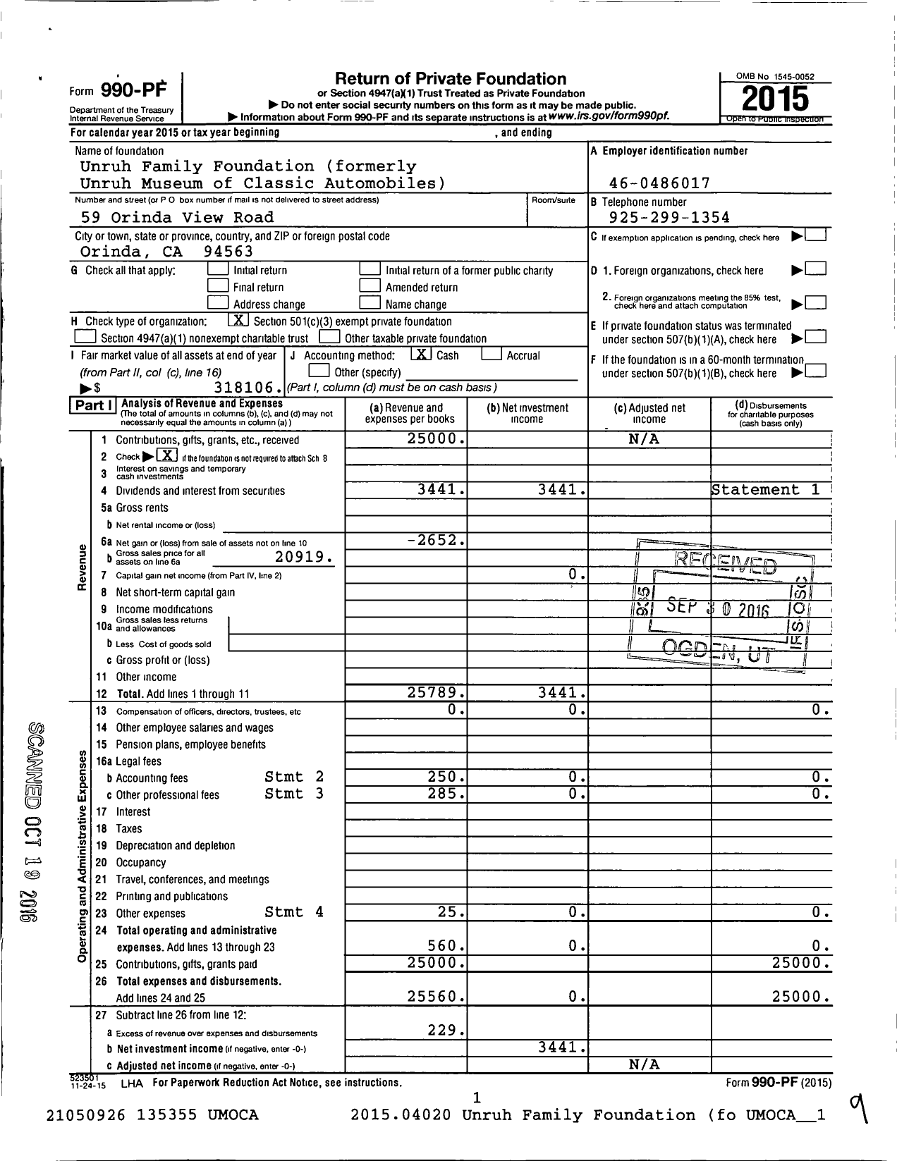 Image of first page of 2015 Form 990PF for Unruh Family Foundation