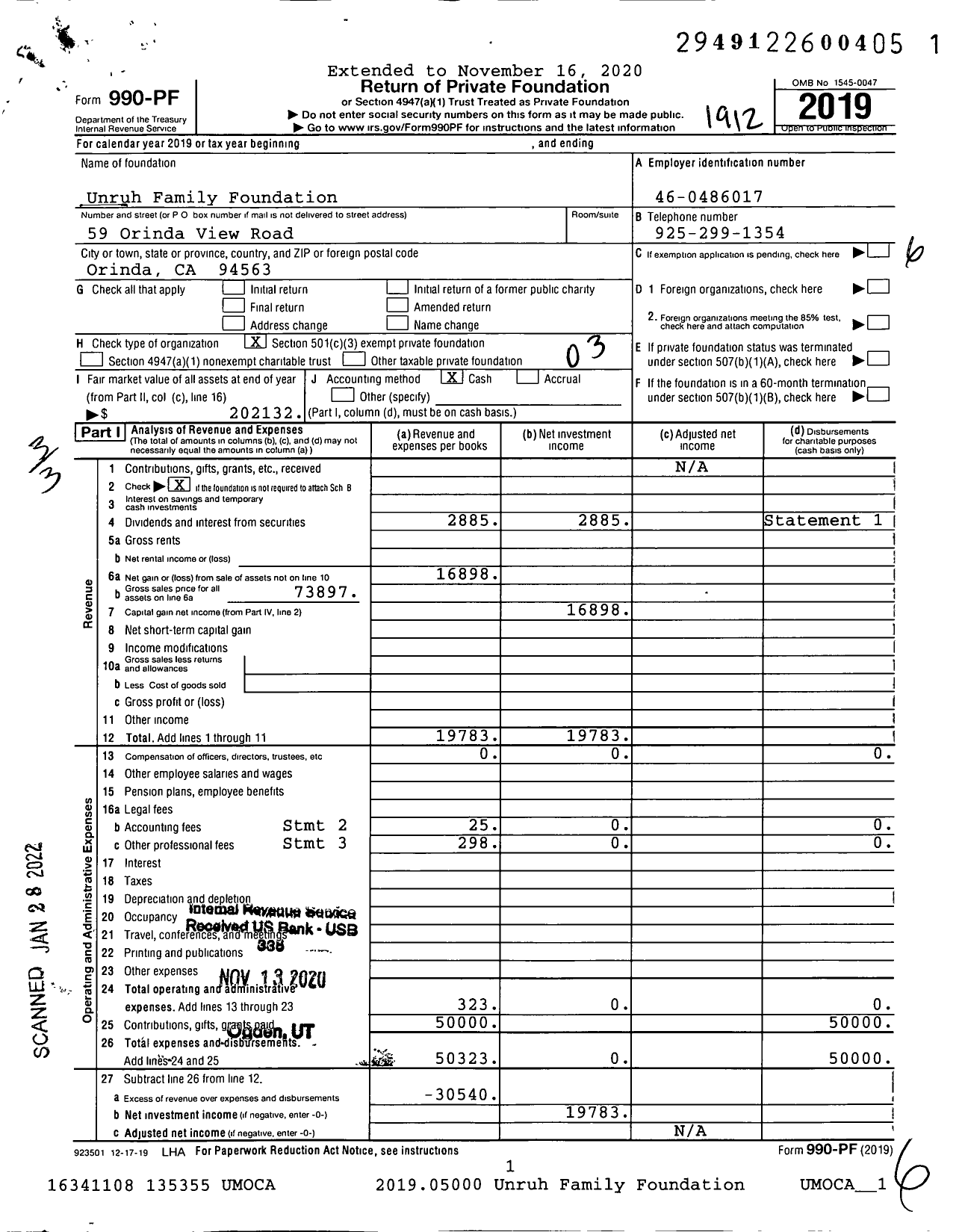Image of first page of 2019 Form 990PF for Unruh Family Foundation
