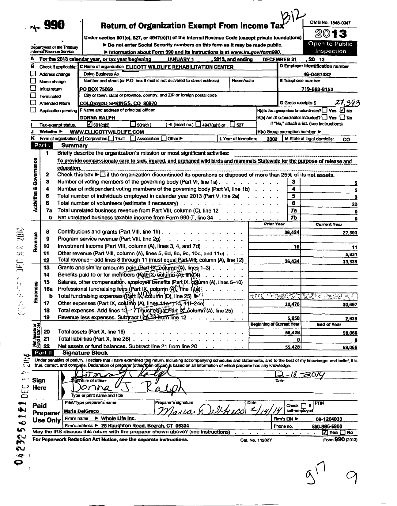 Image of first page of 2013 Form 990 for Ellicott Wildlife Rehabilitation Center