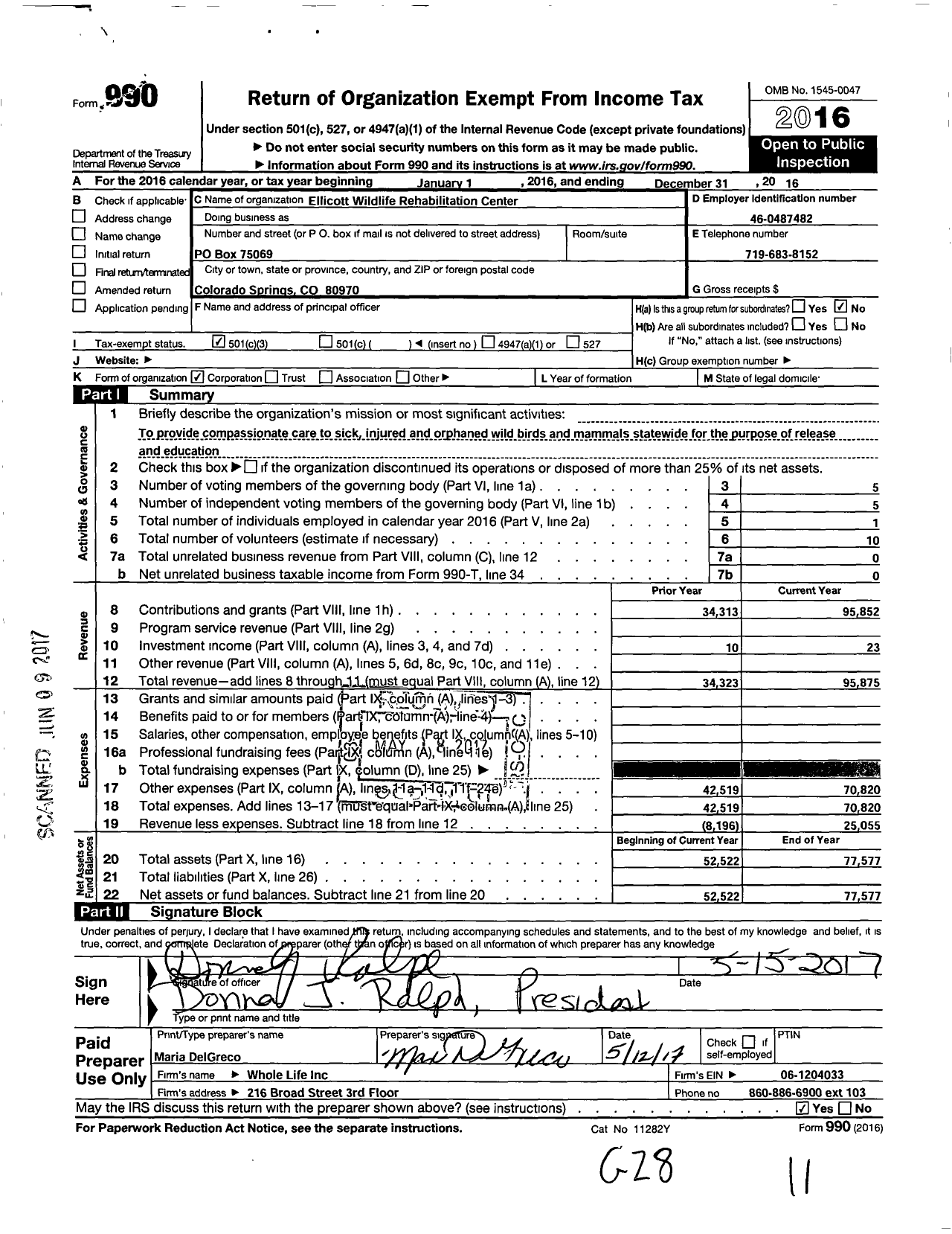 Image of first page of 2016 Form 990 for Ellicott Wildlife Rehabilitation Center