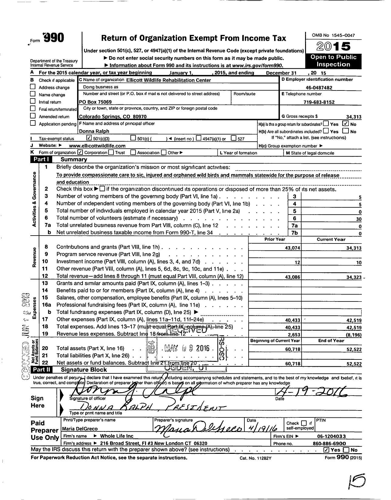 Image of first page of 2015 Form 990 for Ellicott Wildlife Rehabilitation Center