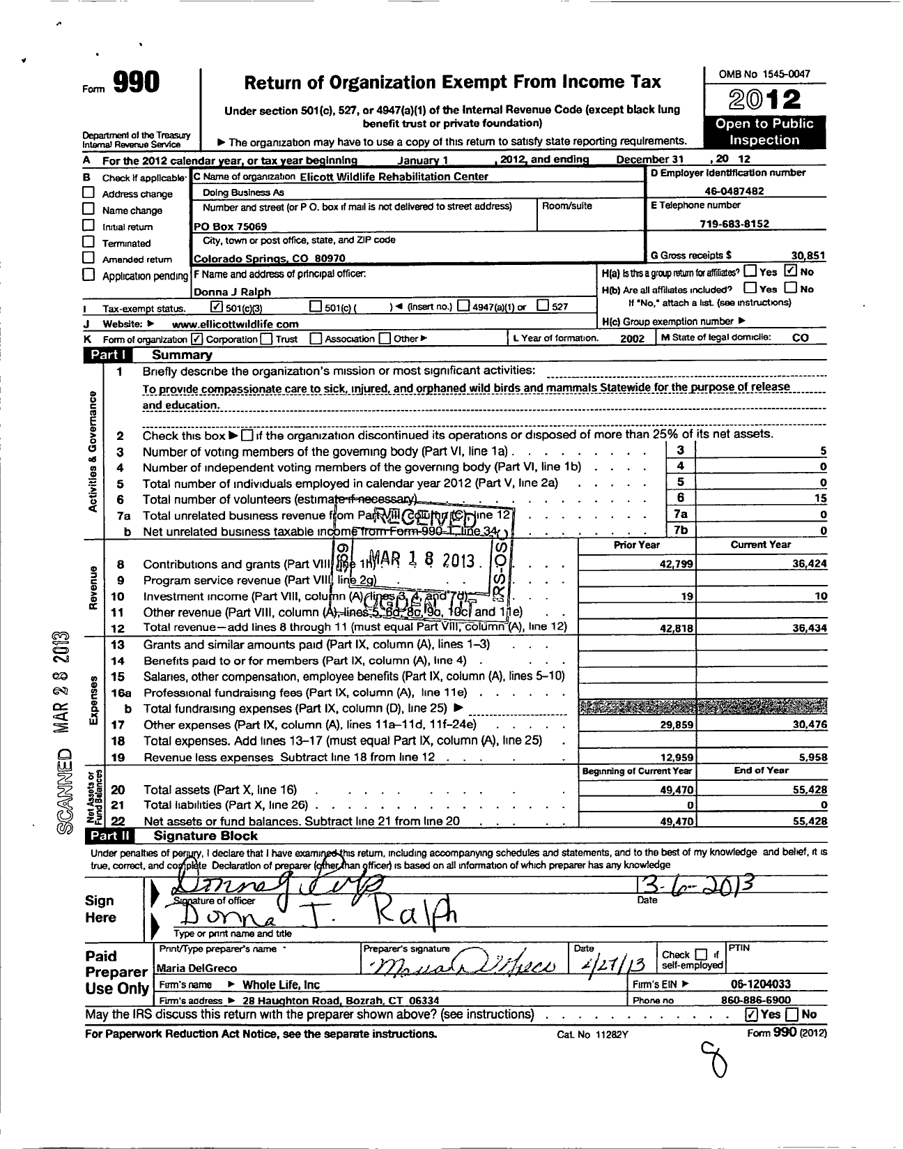 Image of first page of 2012 Form 990 for Ellicott Wildlife Rehabilitation Center