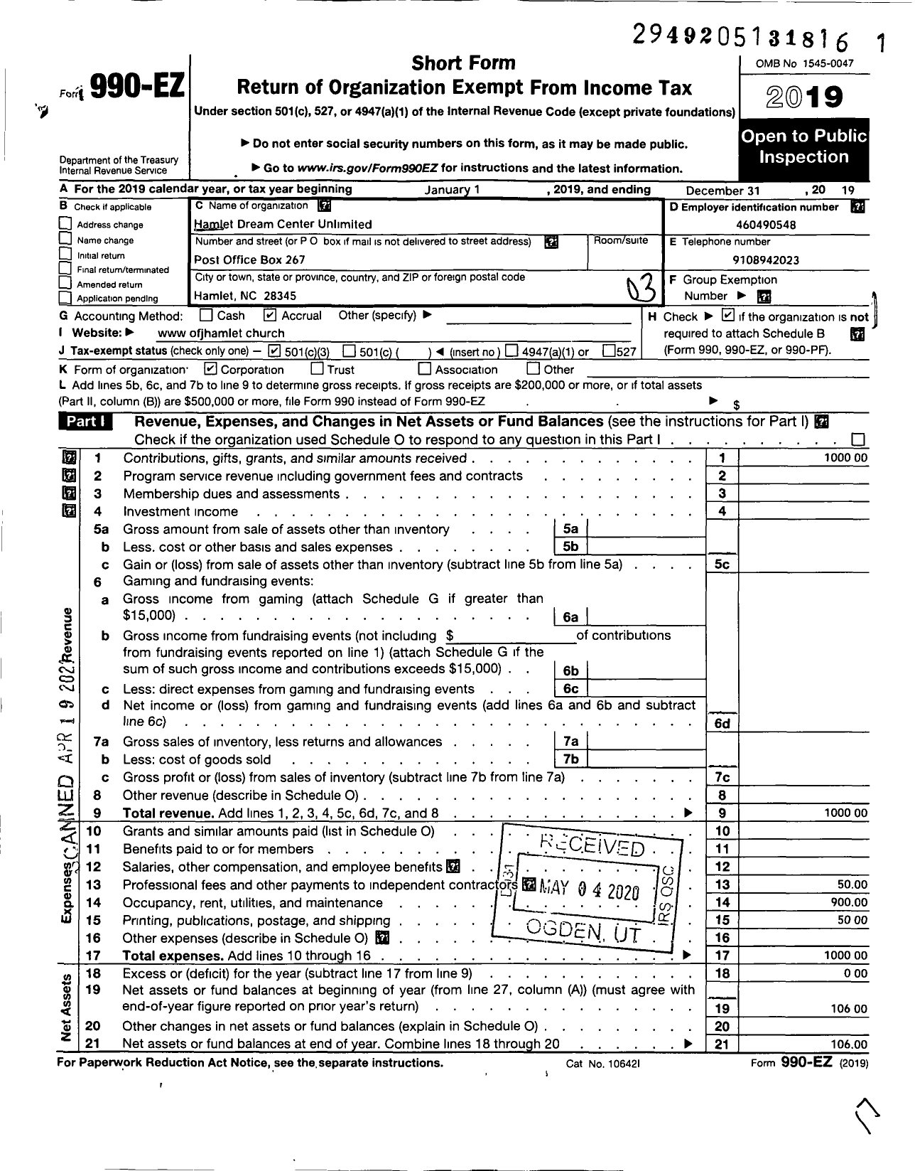 Image of first page of 2019 Form 990EZ for Hamlet Dream Center