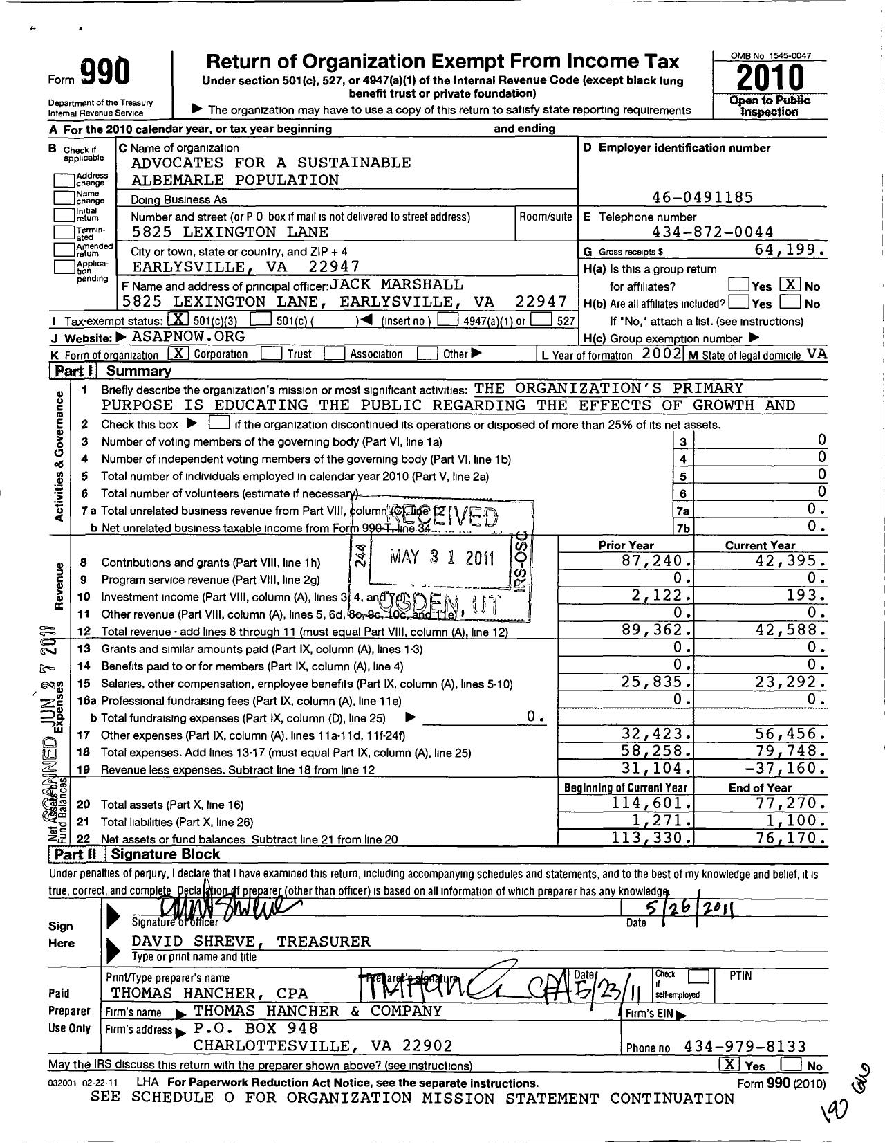Image of first page of 2010 Form 990 for Advocates for A Sustainable Albemarle Population