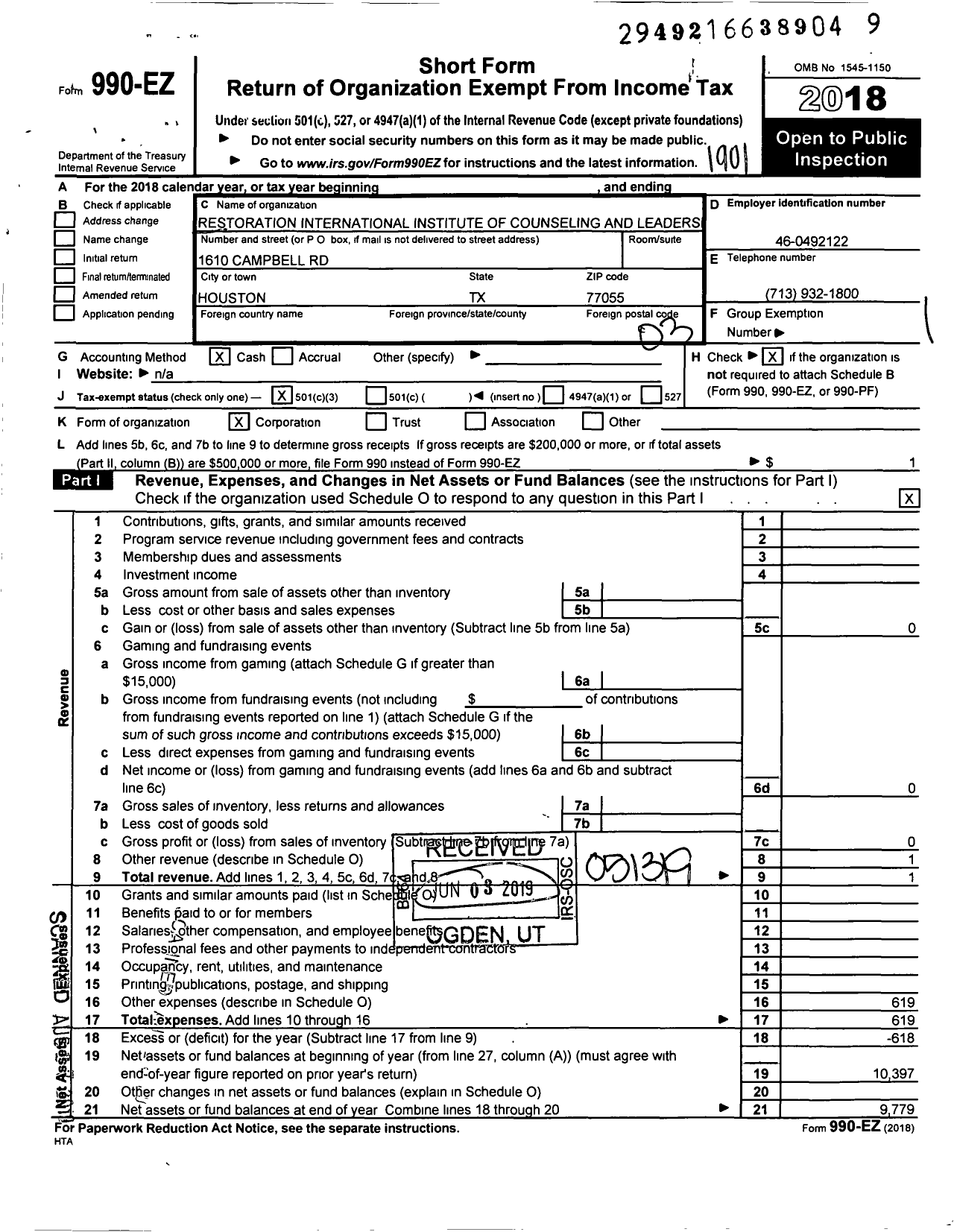 Image of first page of 2018 Form 990EZ for Restoration International Institute of Counseling and Leadership