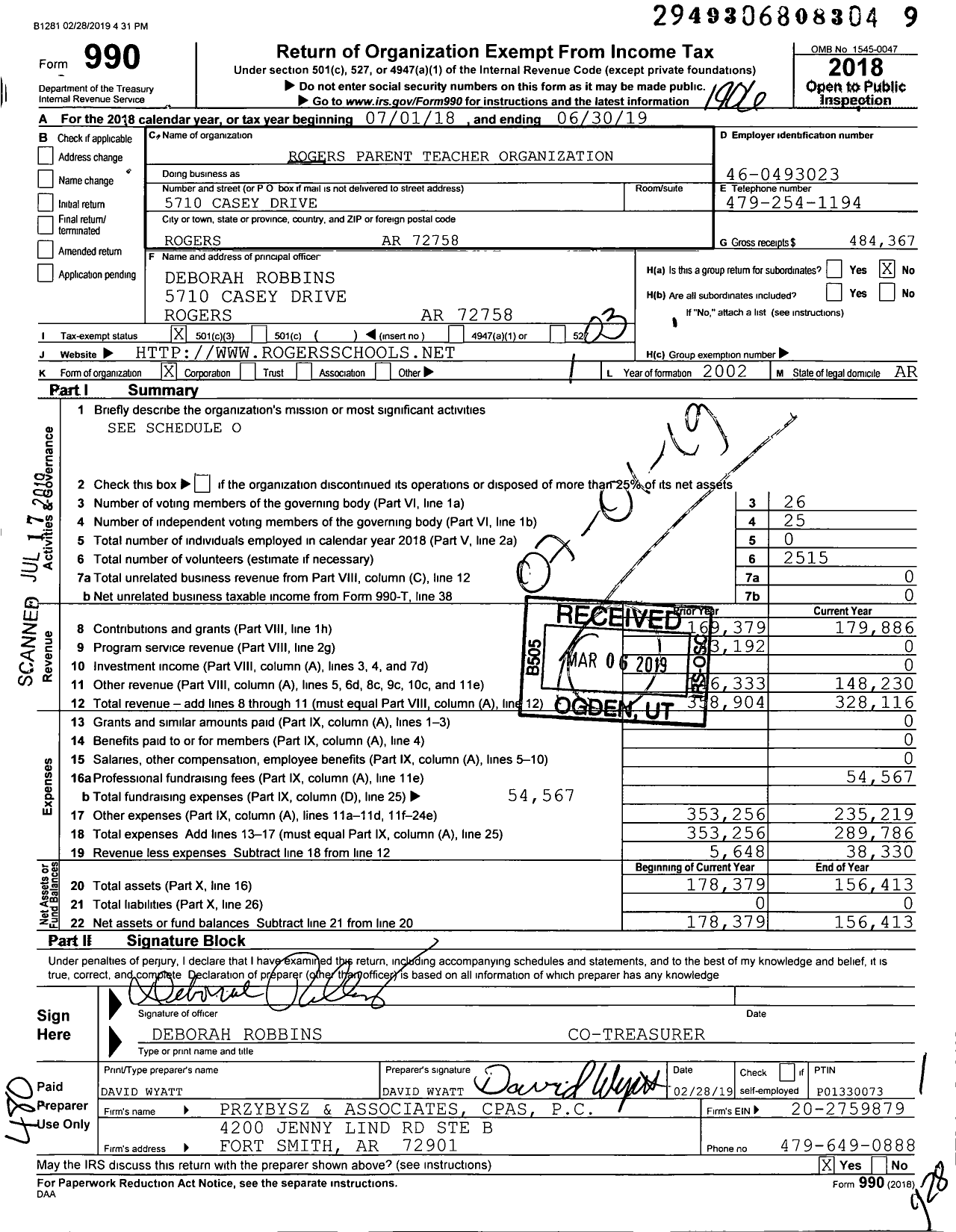 Image of first page of 2018 Form 990 for Rogers Parent Teacher Organization