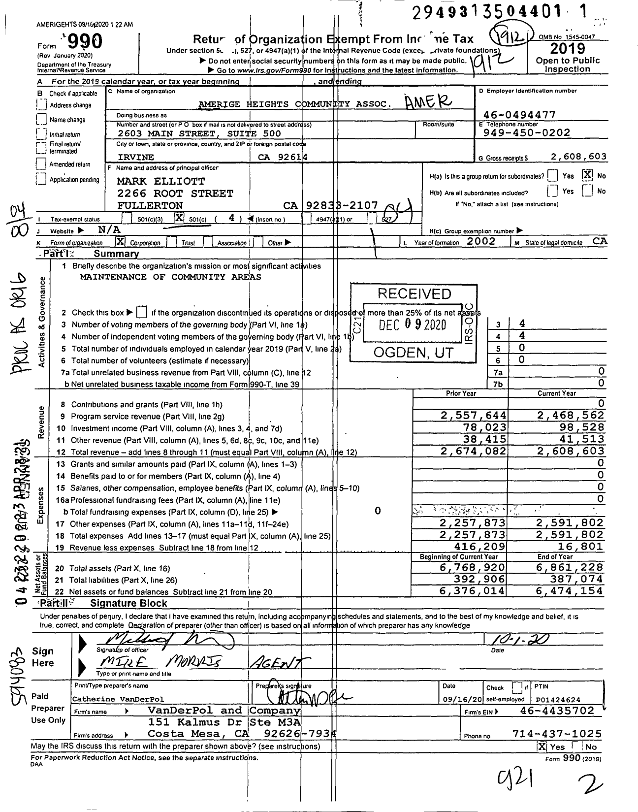 Image of first page of 2019 Form 990O for Amerige Heights Community Association