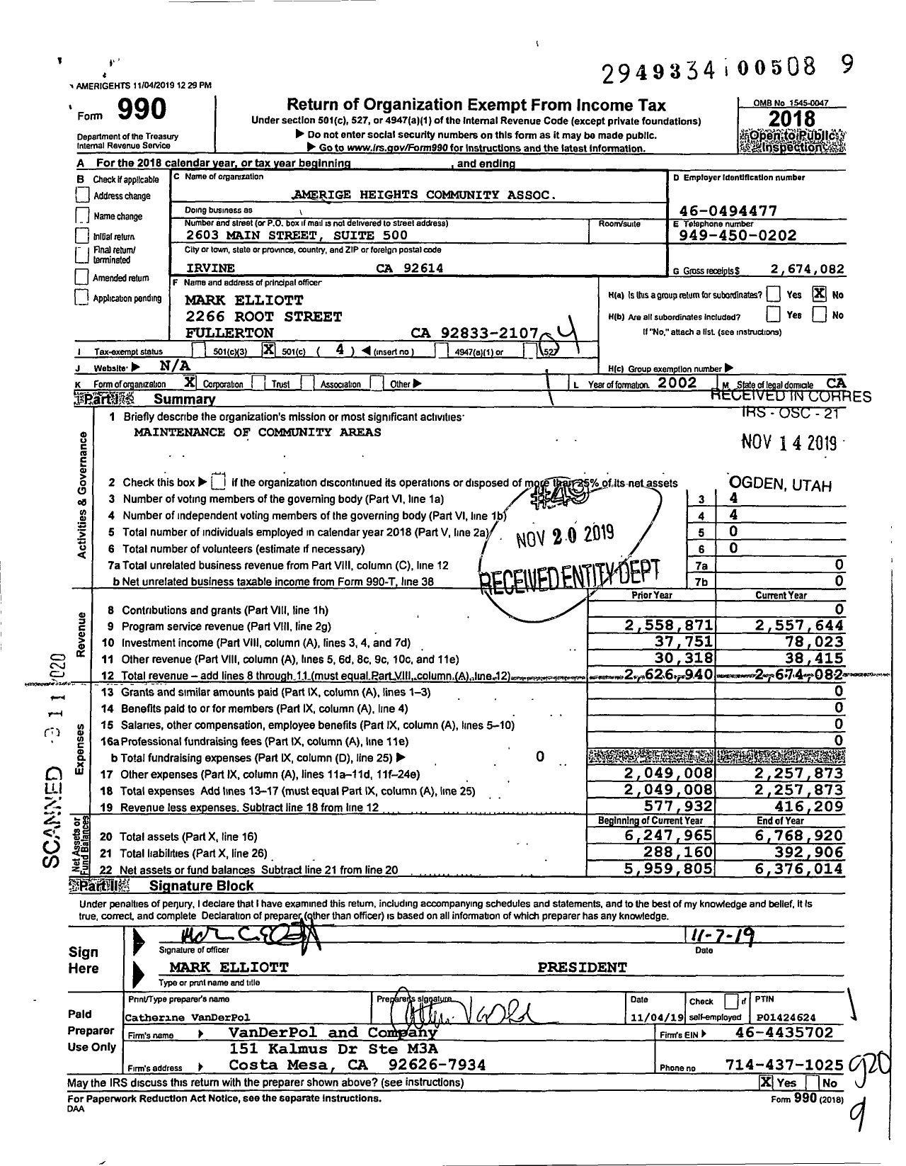 Image of first page of 2018 Form 990O for Amerige Heights Community Association