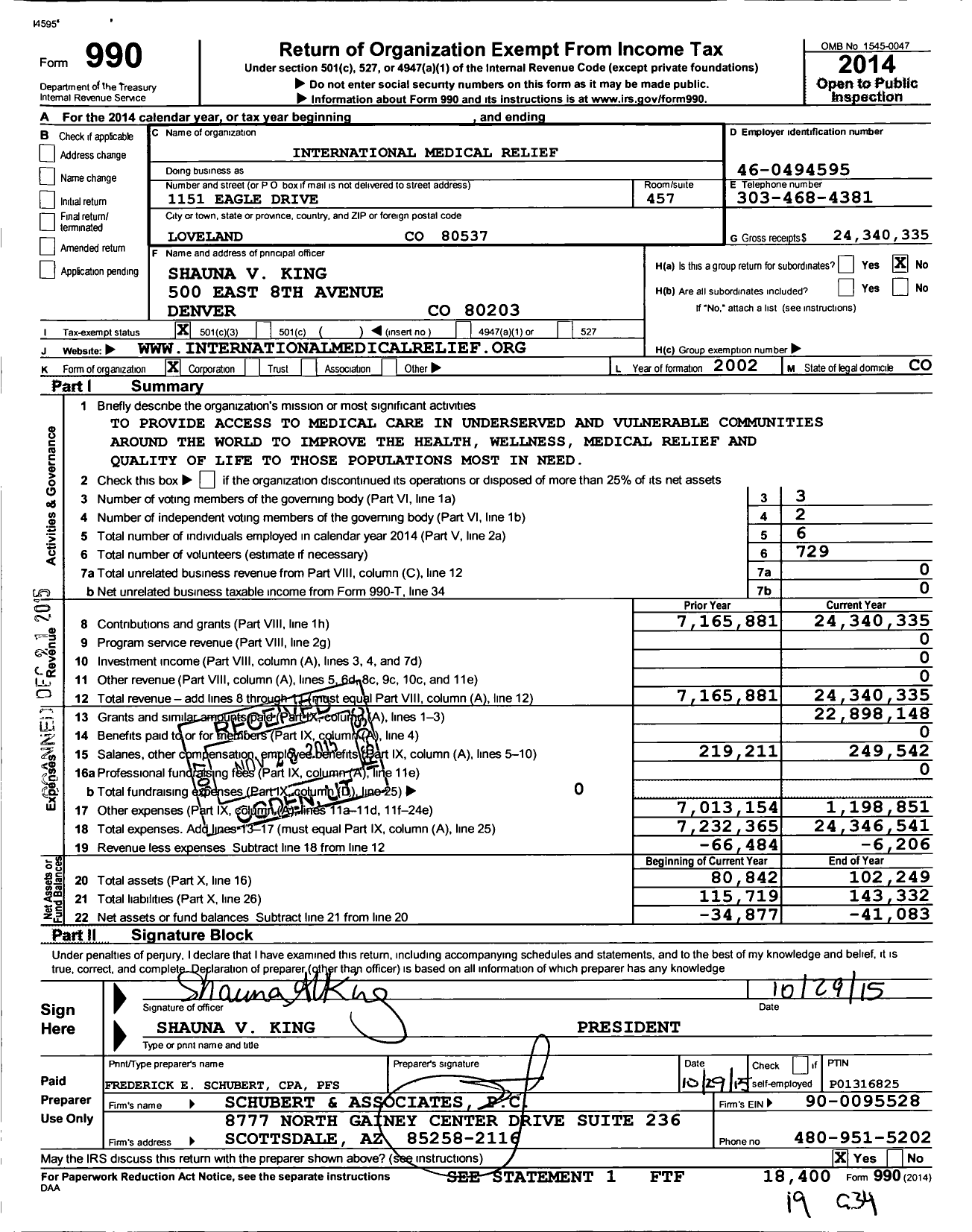 Image of first page of 2014 Form 990 for International Medical Relief