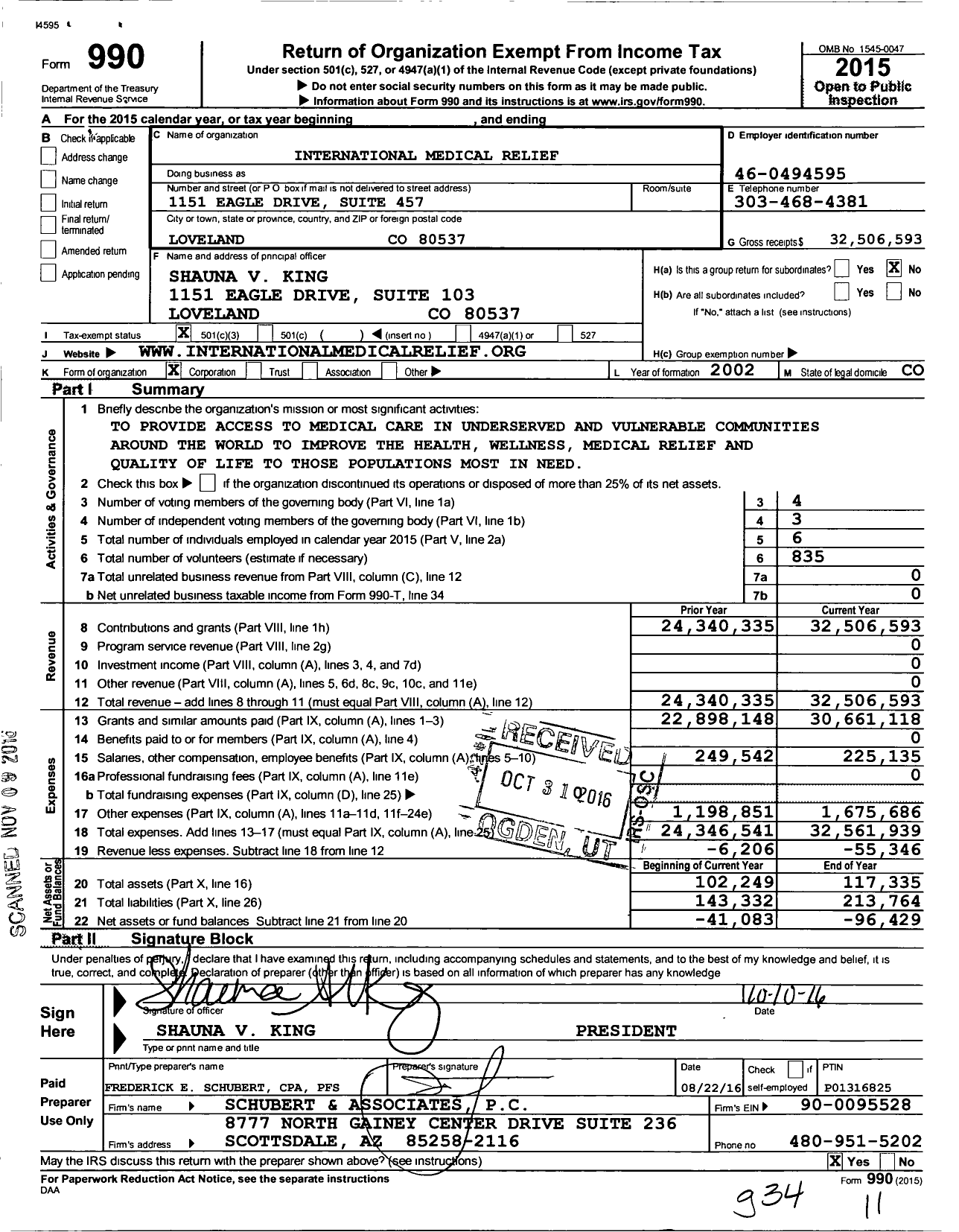 Image of first page of 2015 Form 990 for International Medical Relief