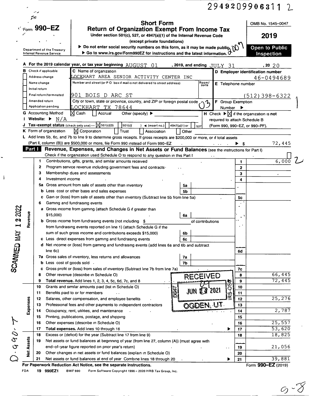 Image of first page of 2019 Form 990EZ for Lockhart Area Senior Activity Center