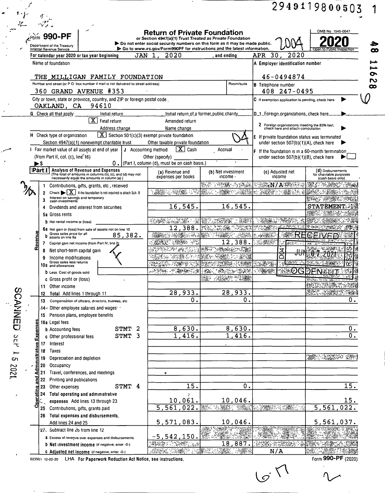 Image of first page of 2019 Form 990PF for The Milligan Family Foundation