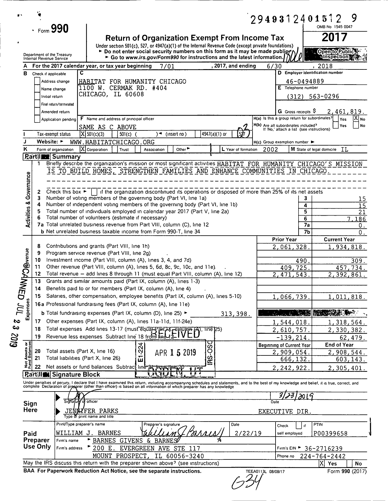 Image of first page of 2017 Form 990 for Habitat for Humanity Chicago