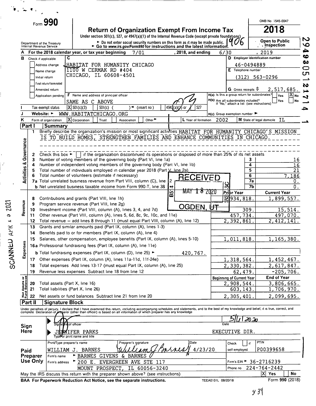 Image of first page of 2018 Form 990 for Habitat for Humanity Chicago