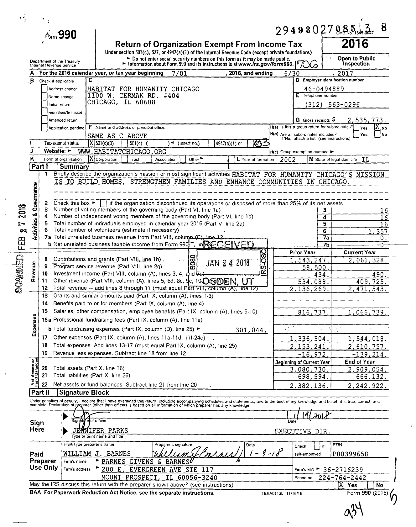 Image of first page of 2016 Form 990 for Habitat for Humanity Chicago