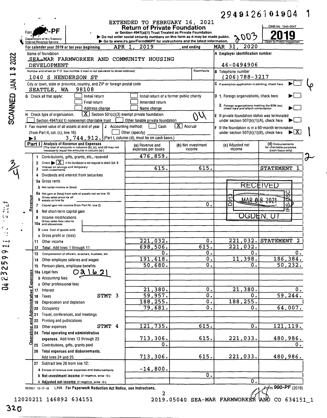 Image of first page of 2019 Form 990PF for Sea-Mar Farmworker and Community Housing Development