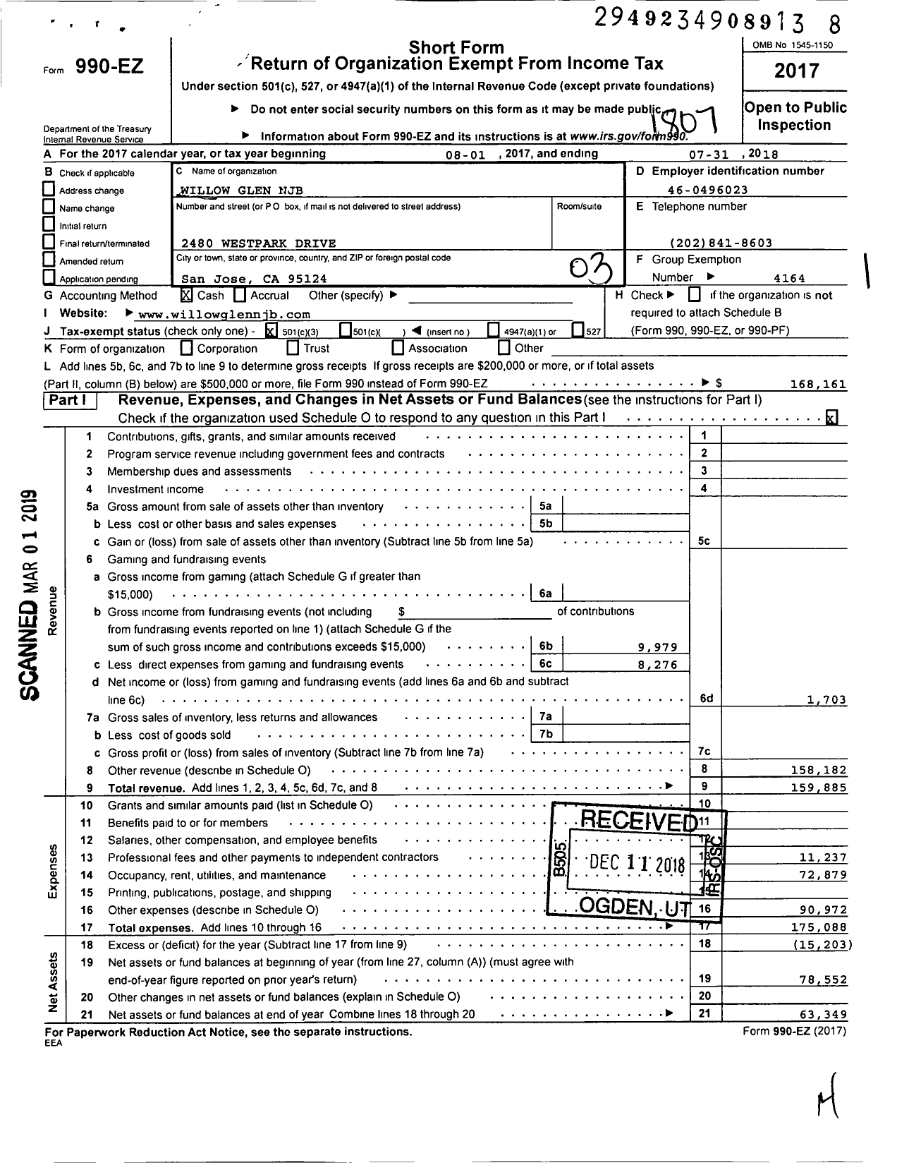 Image of first page of 2017 Form 990EZ for Willow Glen National Junior Basketball