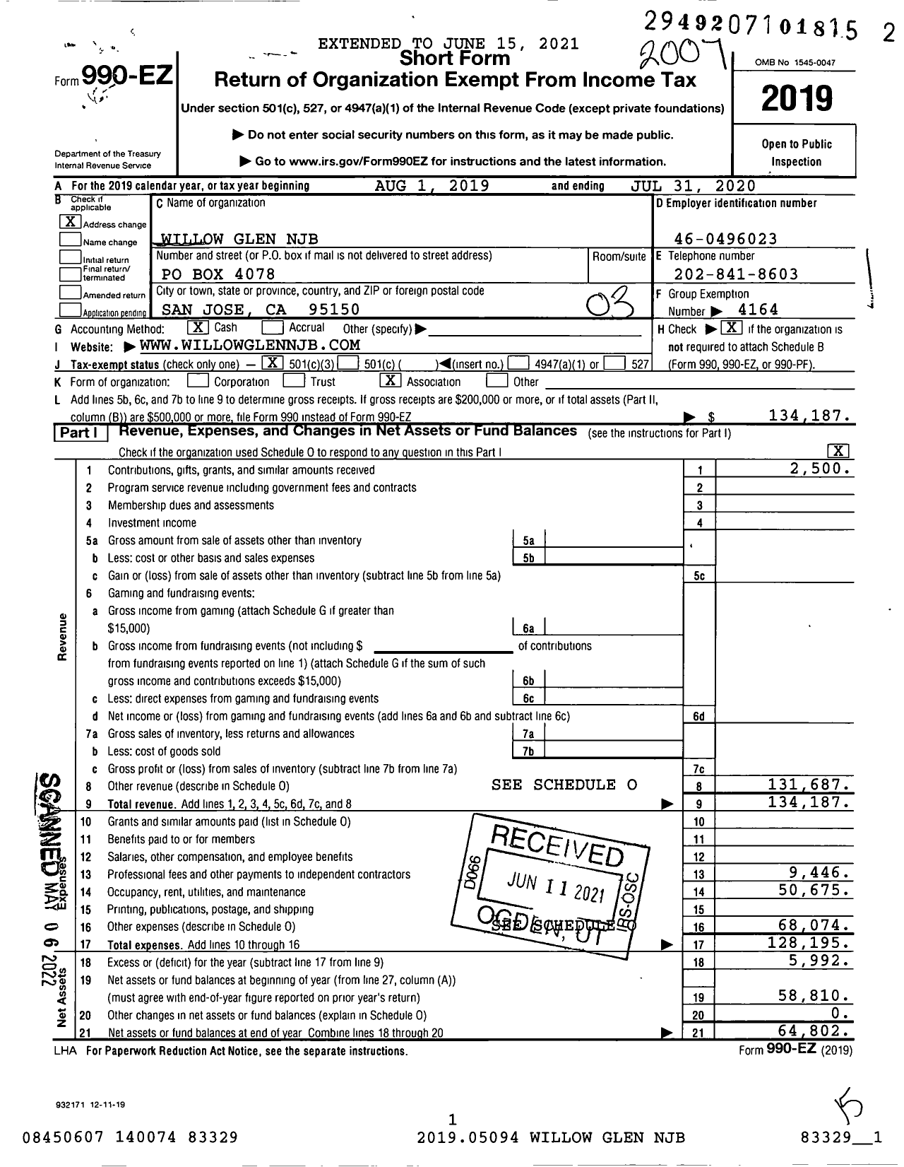 Image of first page of 2019 Form 990EZ for Willow Glen National Junior Basketball