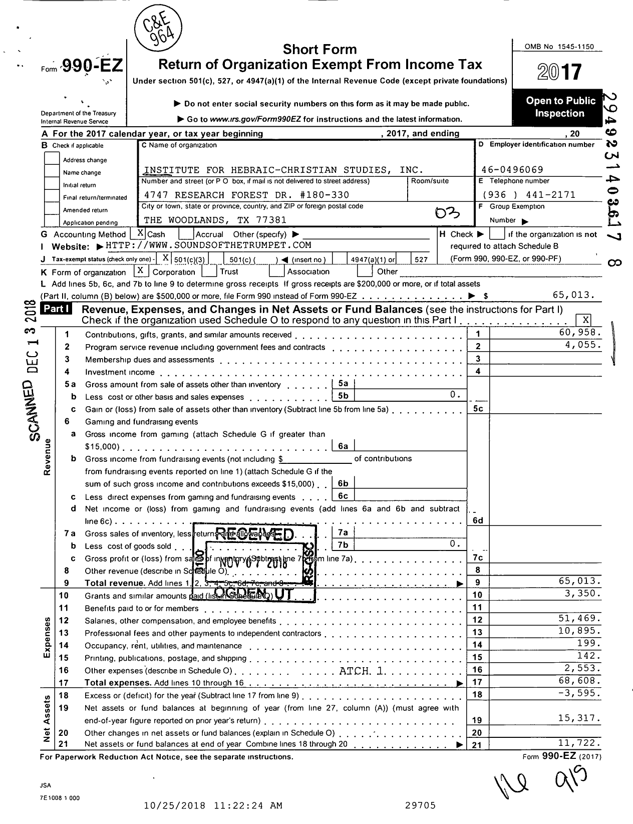 Image of first page of 2017 Form 990EZ for Institute for Hebraic-Christian Studies