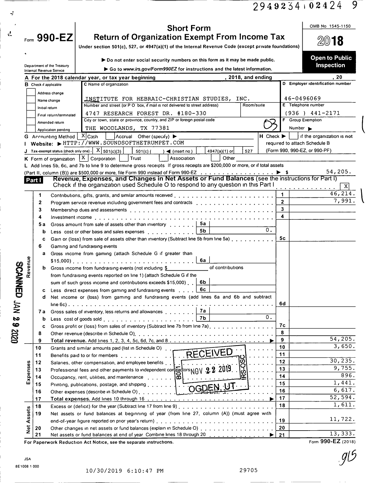 Image of first page of 2018 Form 990EZ for Institute for Hebraic-Christian Studies