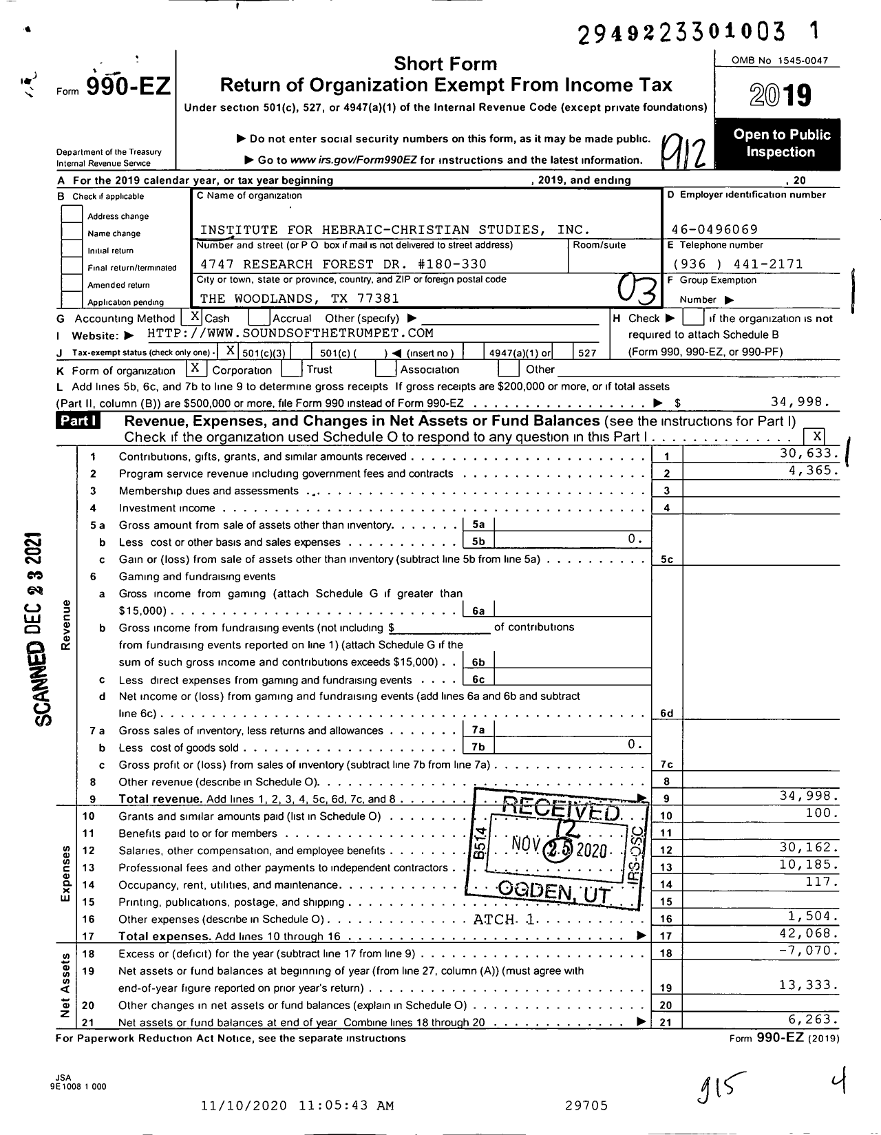 Image of first page of 2019 Form 990EZ for Institute for Hebraic-Christian Studies