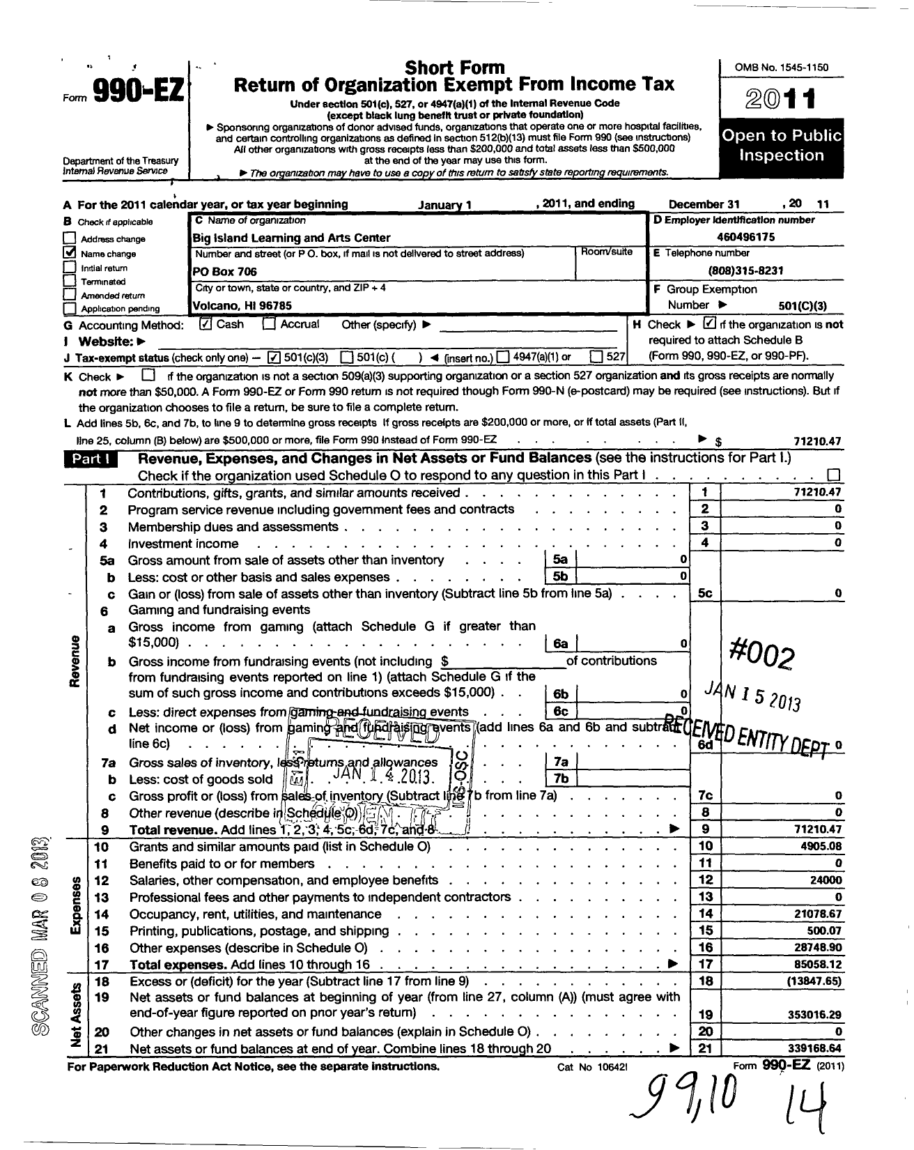 Image of first page of 2011 Form 990EZ for Big Island Learning and Arts Center