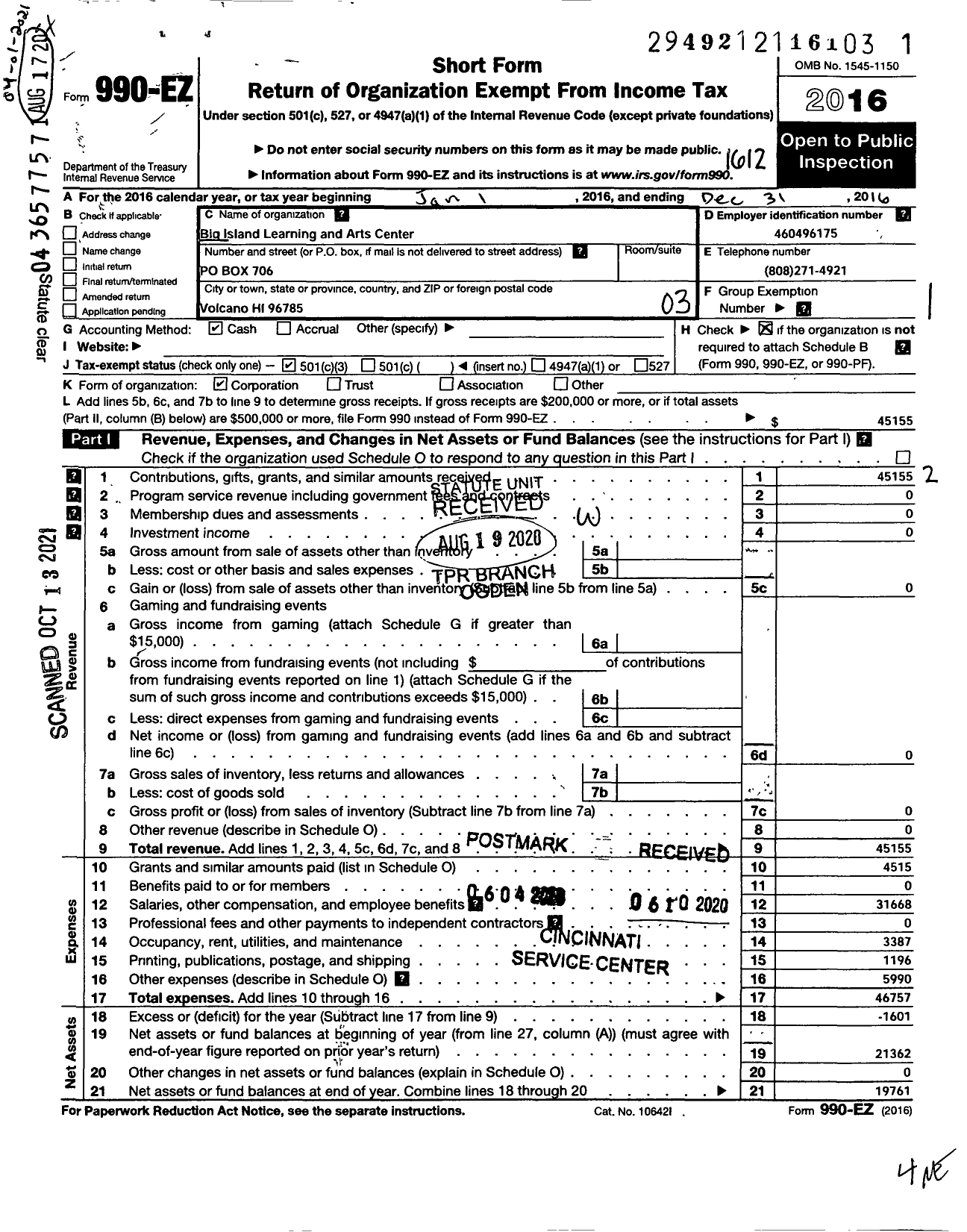 Image of first page of 2016 Form 990EZ for Big Island Learning and Arts Center