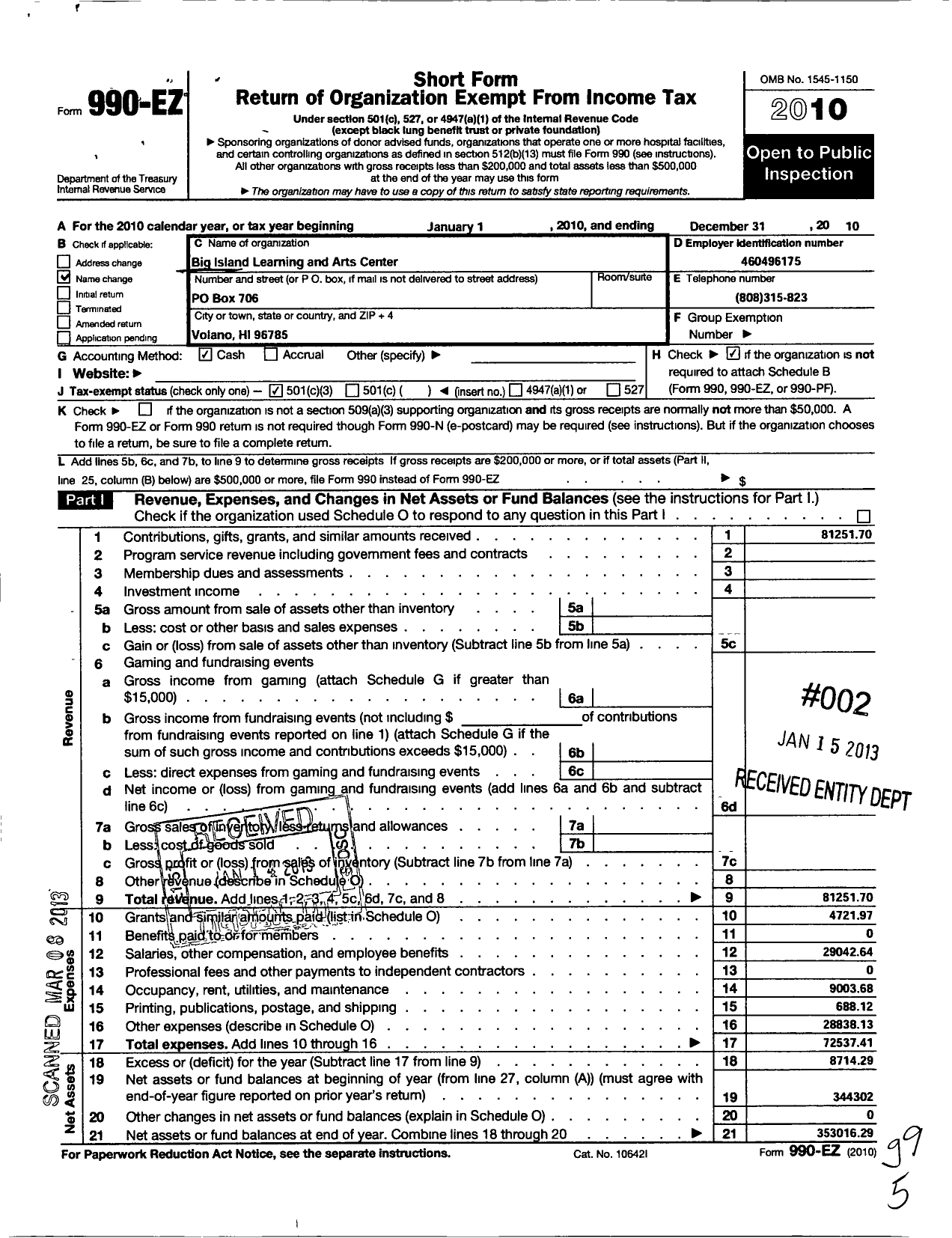 Image of first page of 2010 Form 990EZ for Big Island Learning and Arts Center